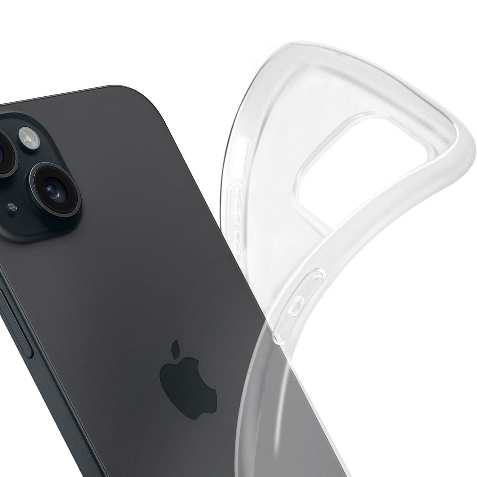 Un telefono nero con una custodia trasparente, che mostra il logo Apple.
