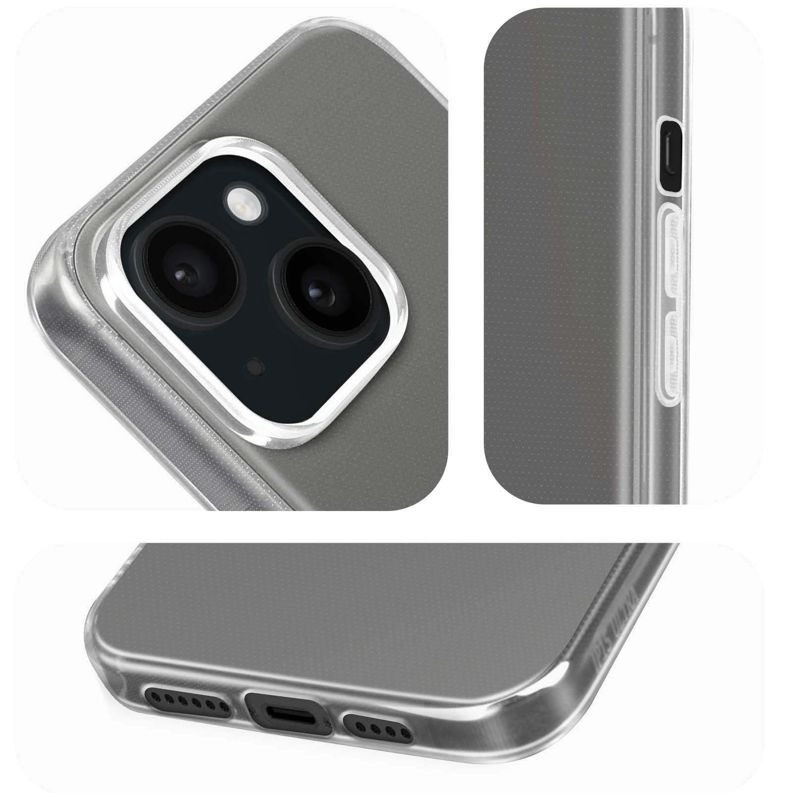 Primo piano di una custodia per telefono con un telefono all'interno. Mostra la fotocamera e i pulsanti.