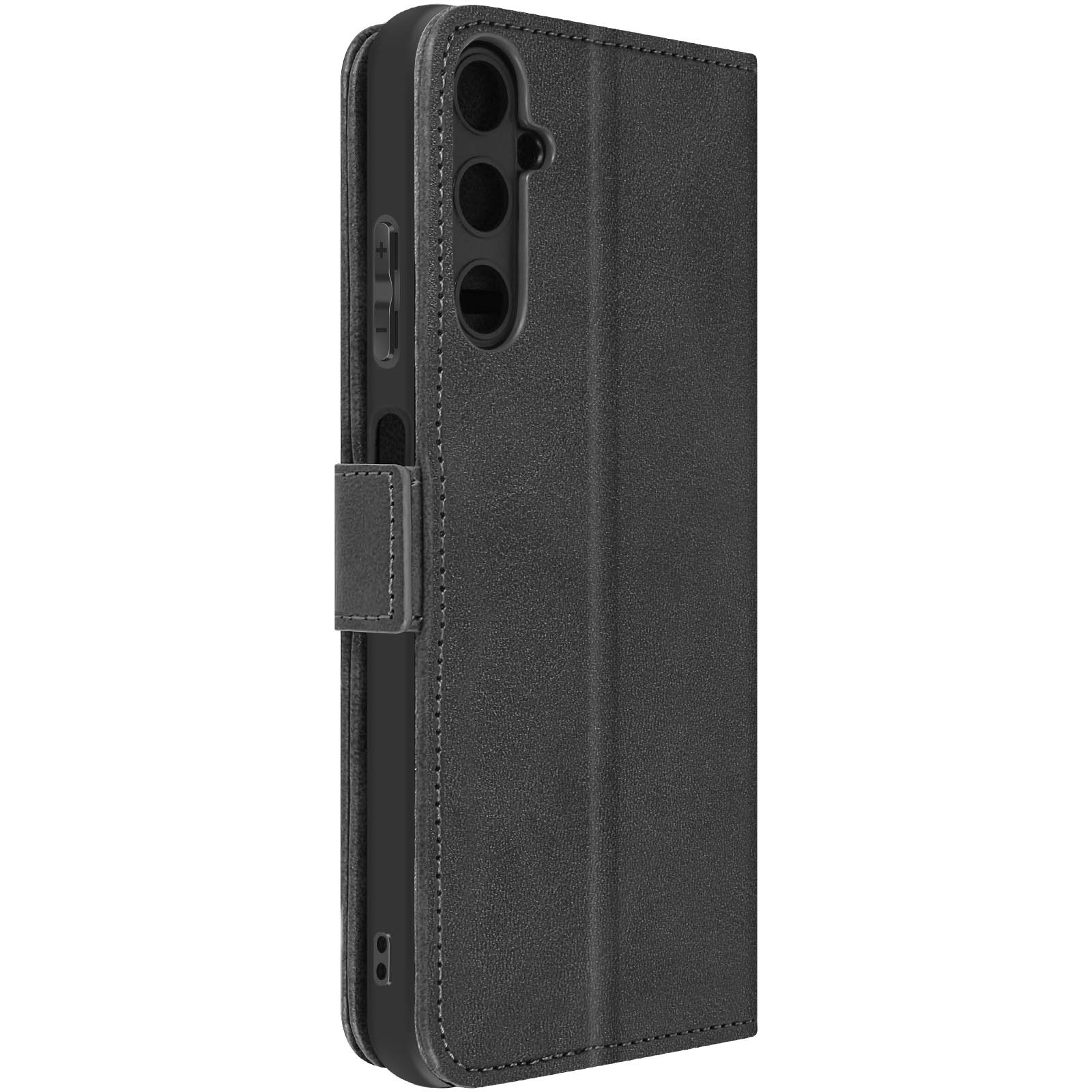 Schwarze Handyhülle. Strukturierte, lederartige Optik. Magnetverschluss. Kartenfächer. Offen, Telefon sichtbar.