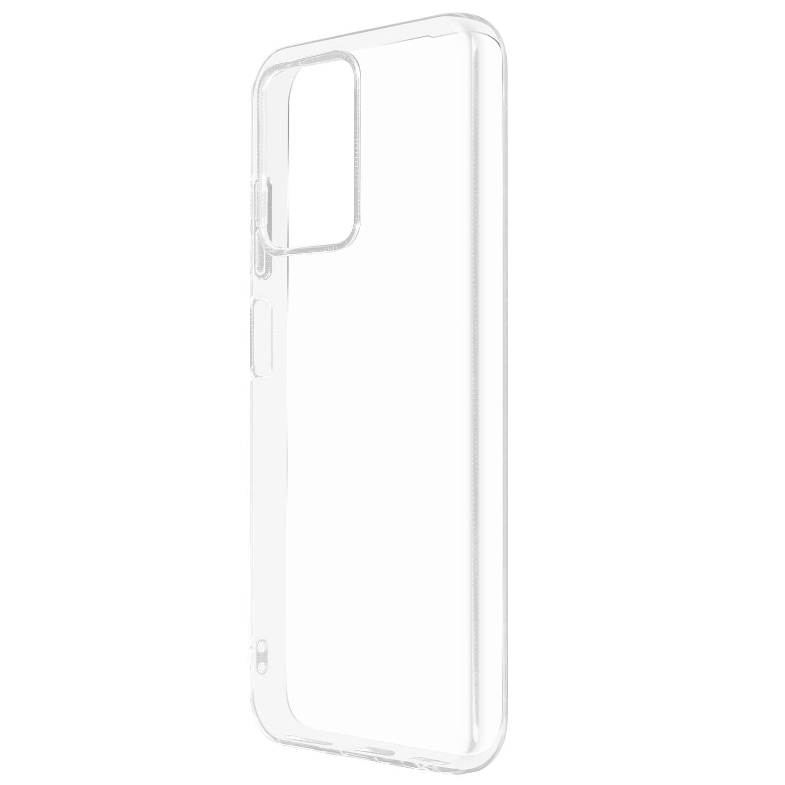Una custodia trasparente per telefono. È vuota e ha fori per fotocamera e pulsanti.