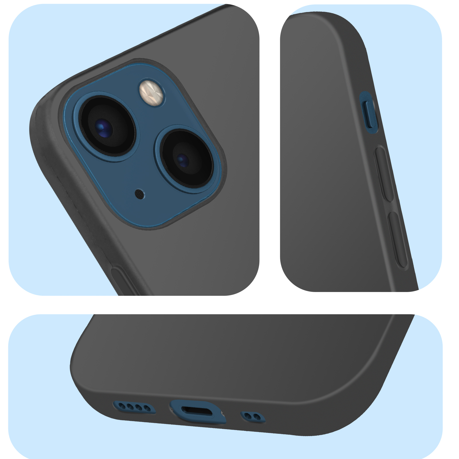 Funda de teléfono con cámara, botones laterales y puertos, vistas cercanas.