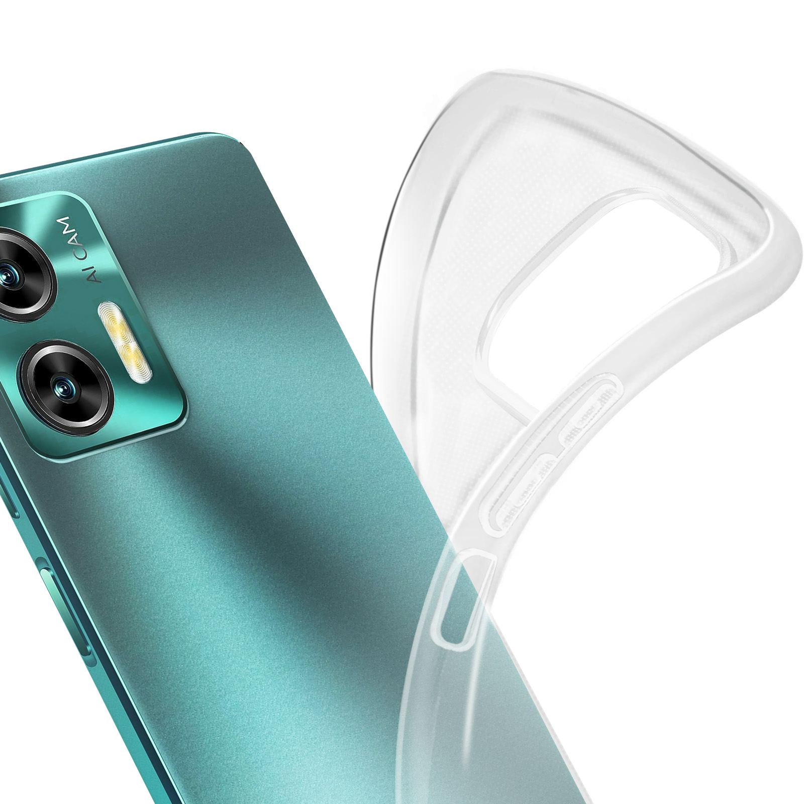 Una custodia trasparente per telefono su un telefono turchese, che mostra il modulo fotocamera del telefono, con uno sfondo sfocato.