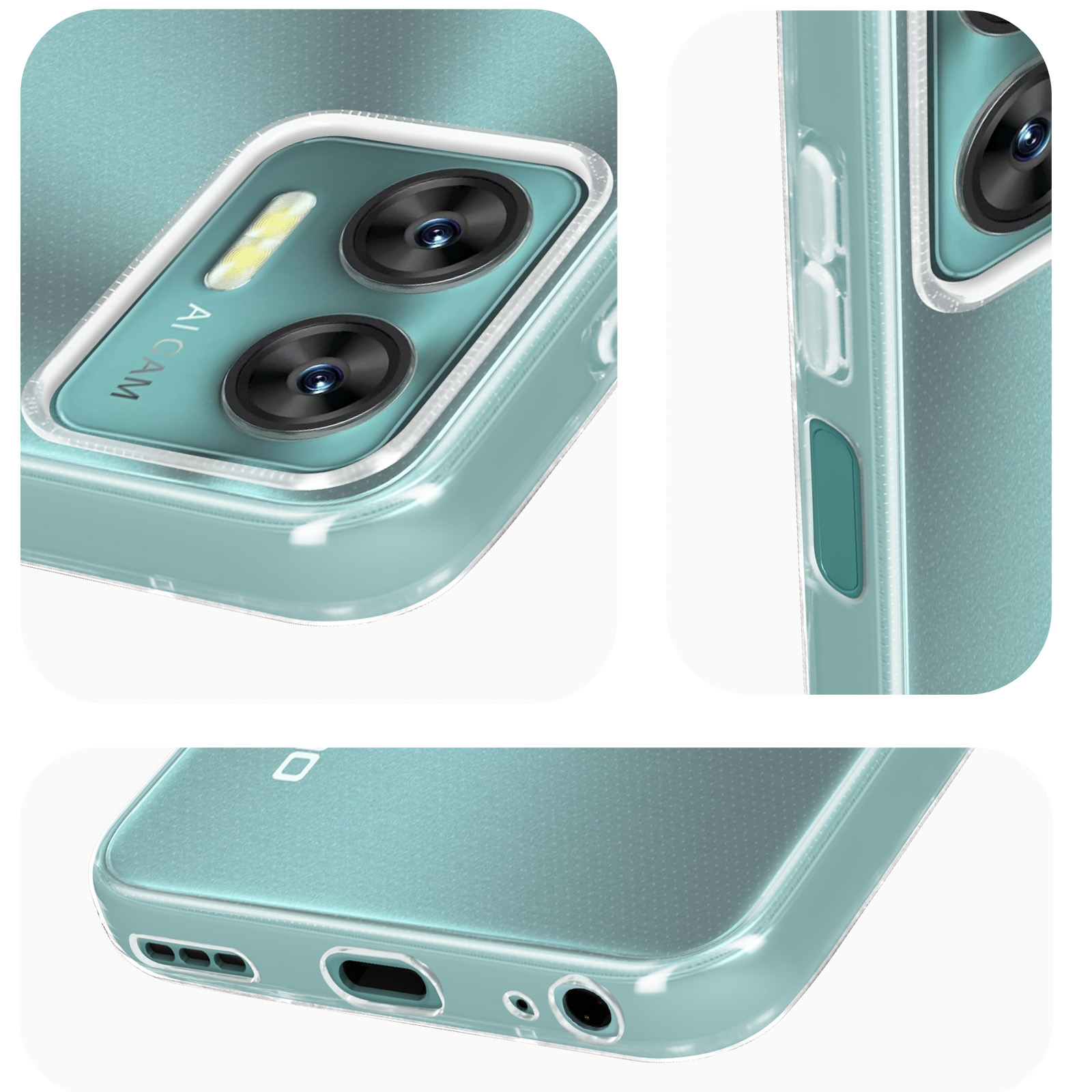 Primo piano di un telefono con custodia verde acqua. Mostra lenti della fotocamera, pulsanti laterali e porte inferiori.