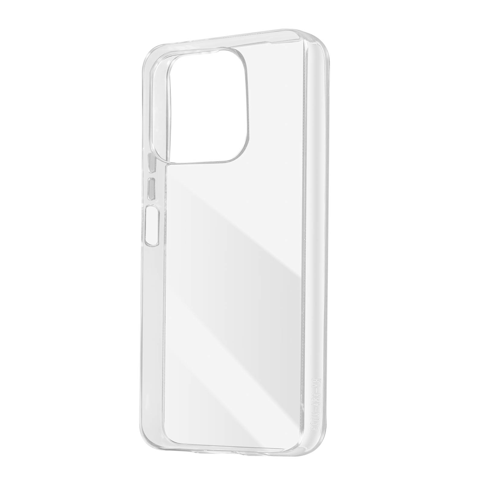 Eine transparente Handyhülle auf weißem Hintergrund, die Rückseite sichtbar.