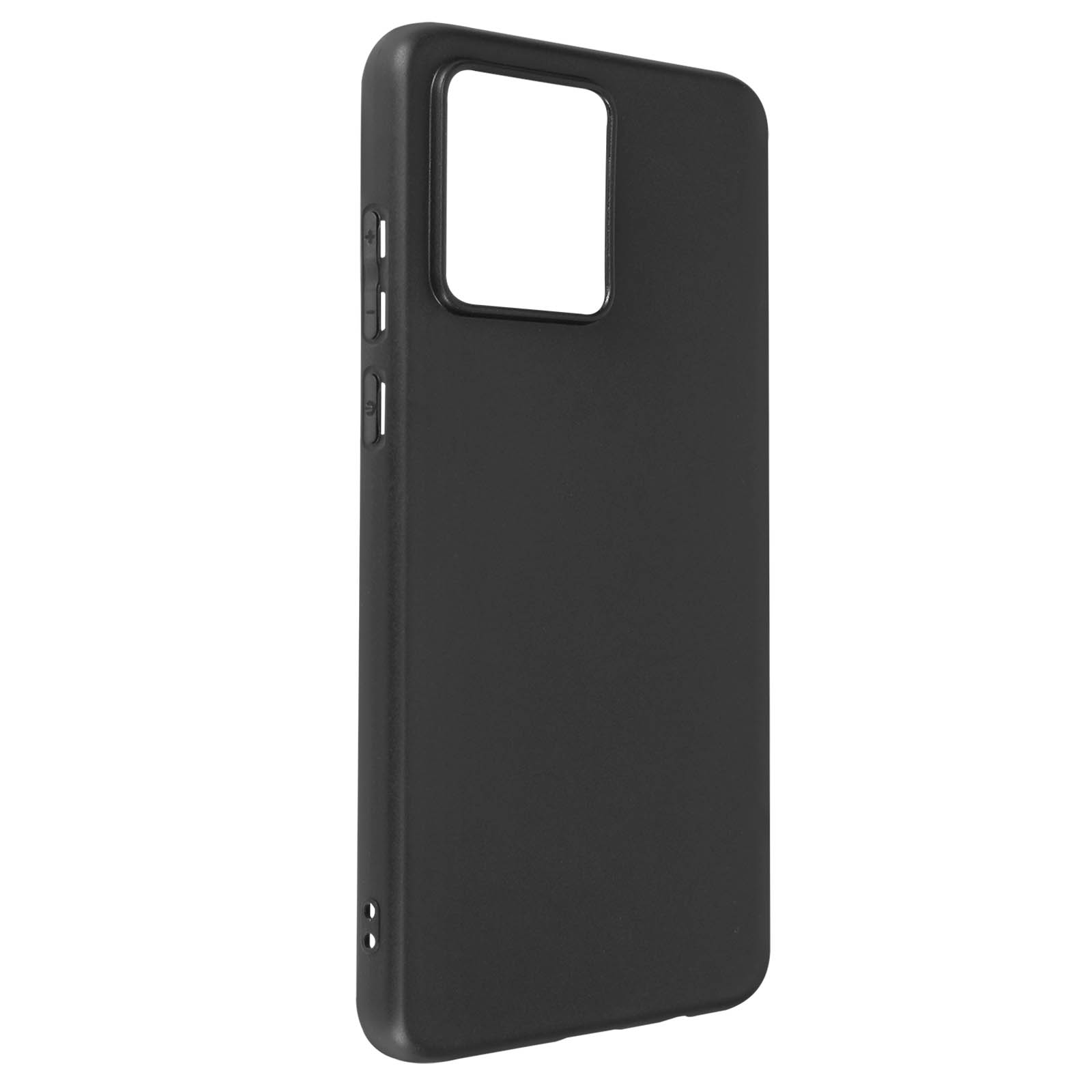 Una custodia per telefono nera con un ampio ritaglio per la fotocamera su sfondo bianco.