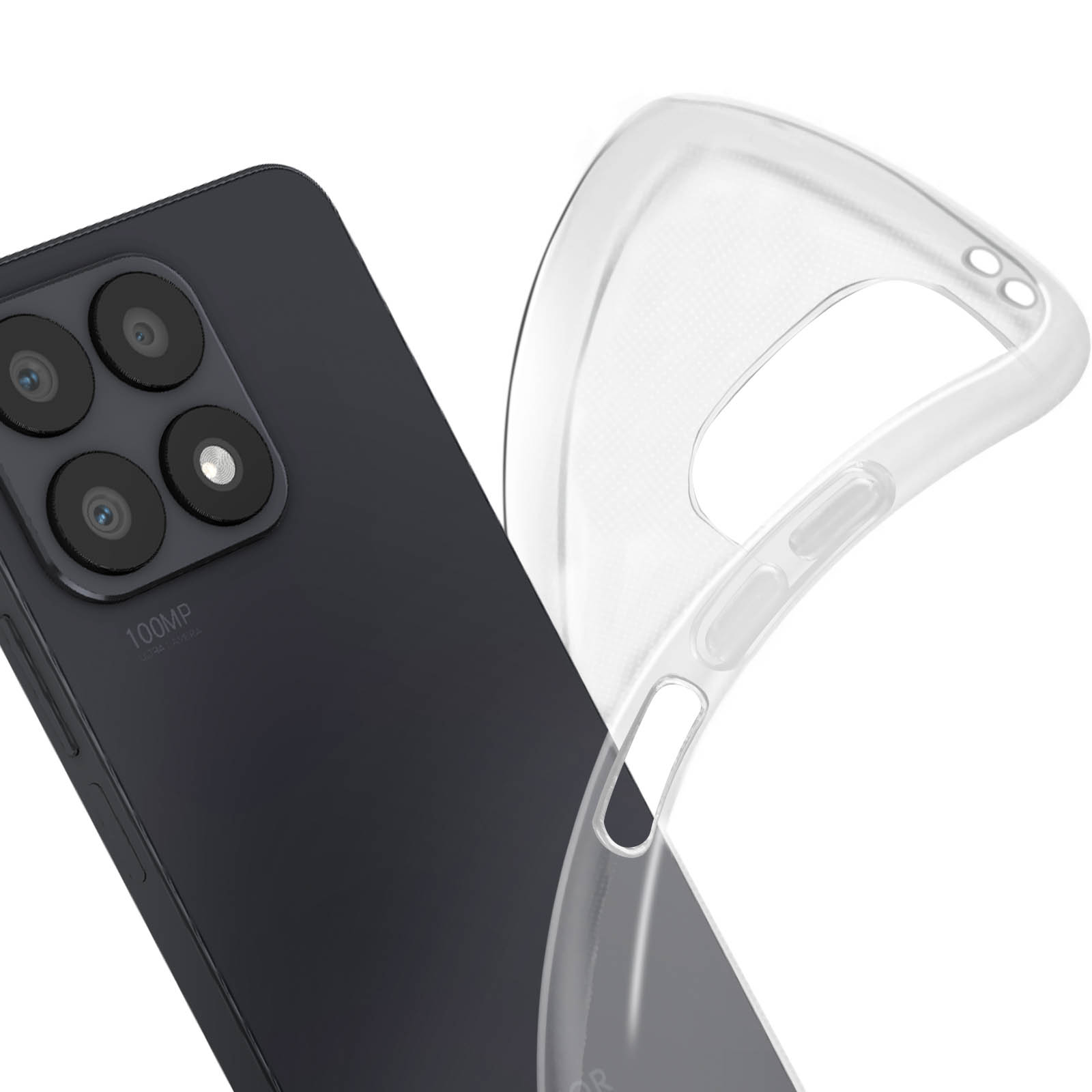 Ein schwarzes Telefon mit transparenter Hülle, das Kameramodul und die Rückseite des Telefons zeigt, vor weißem Hintergrund.