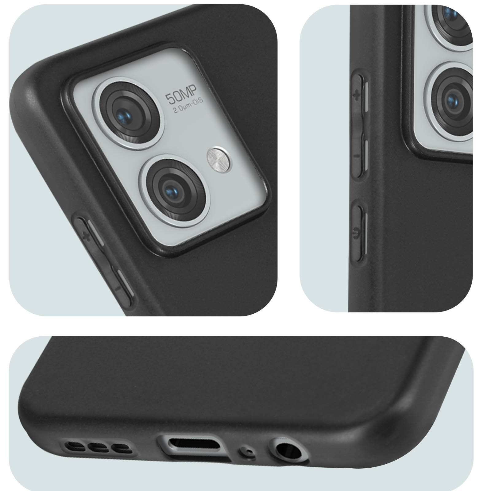 Primo piano di una custodia per telefono nera con lenti della fotocamera e pulsanti laterali visibili.