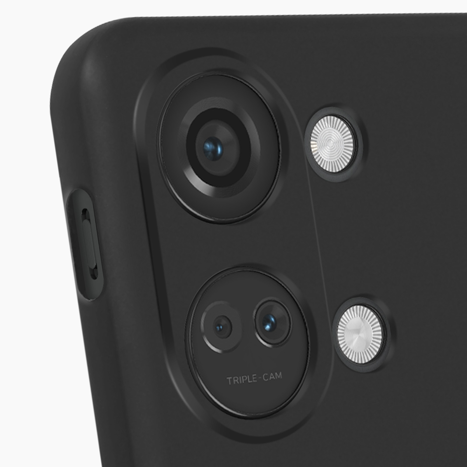 Nahaufnahme eines schwarzen Smartphone-Kameraarrays. Dreifach-Kamera mit Chromakzenten.