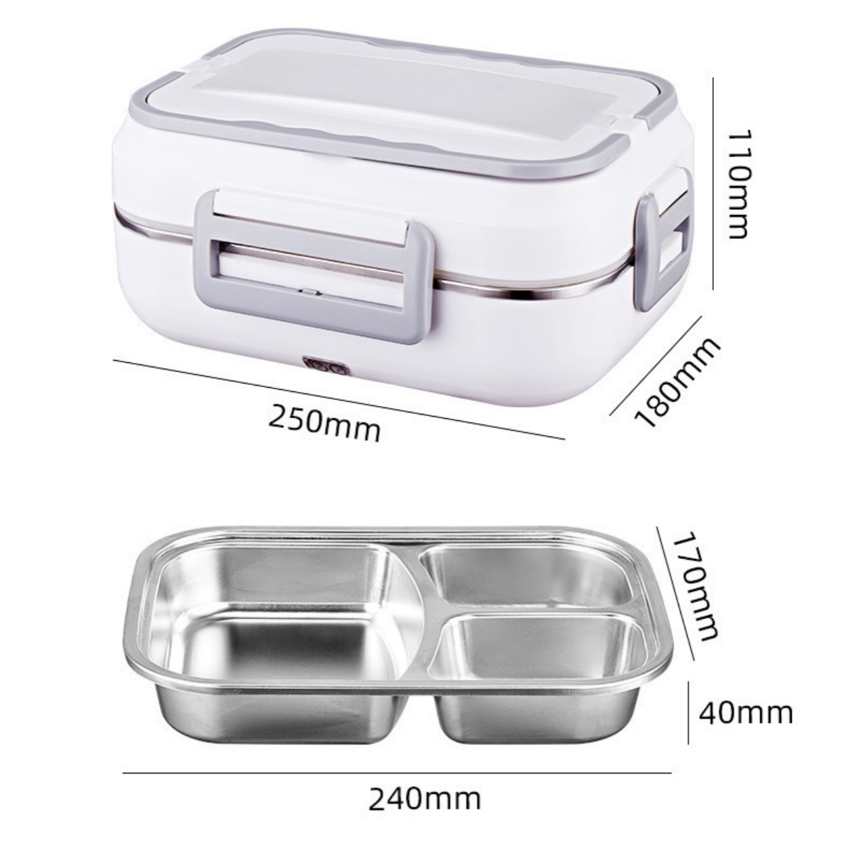 Weiße Lunchbox mit Abmessungen. Der Deckel und ein Metallbehälter sind sichtbar.