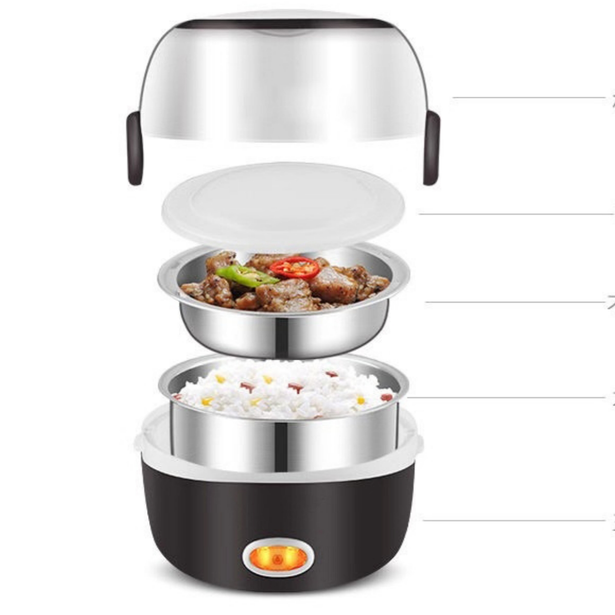 Zerlegbare elektrische Lunchbox. Enthält einen Deckel, einen Behälter mit Essen und einen Reisbehälter.