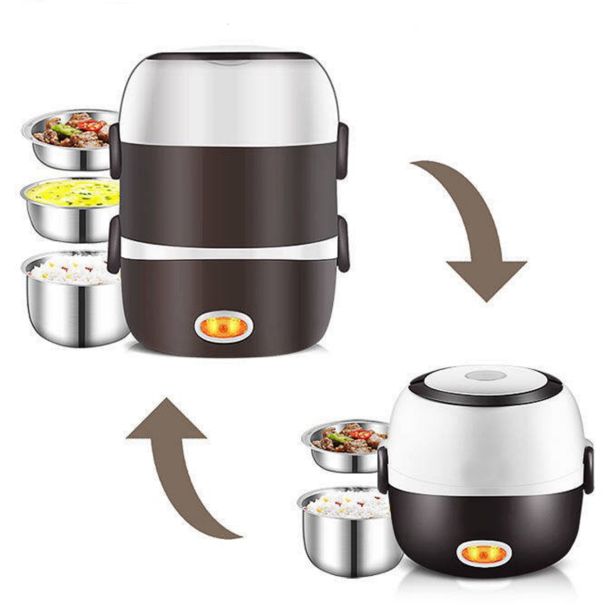 Eine Lunchbox mit Essen und Reis. Pfeile zeigen die Transformation auf eine kleinere Größe.