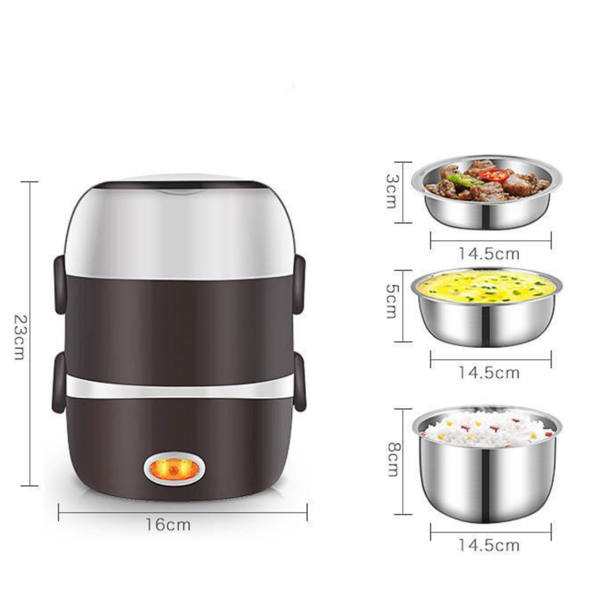 Eine elektrische Lunchbox. 3 Behälter sind mit den Abmessungen gezeigt. Es ist in Weiß und Braun.