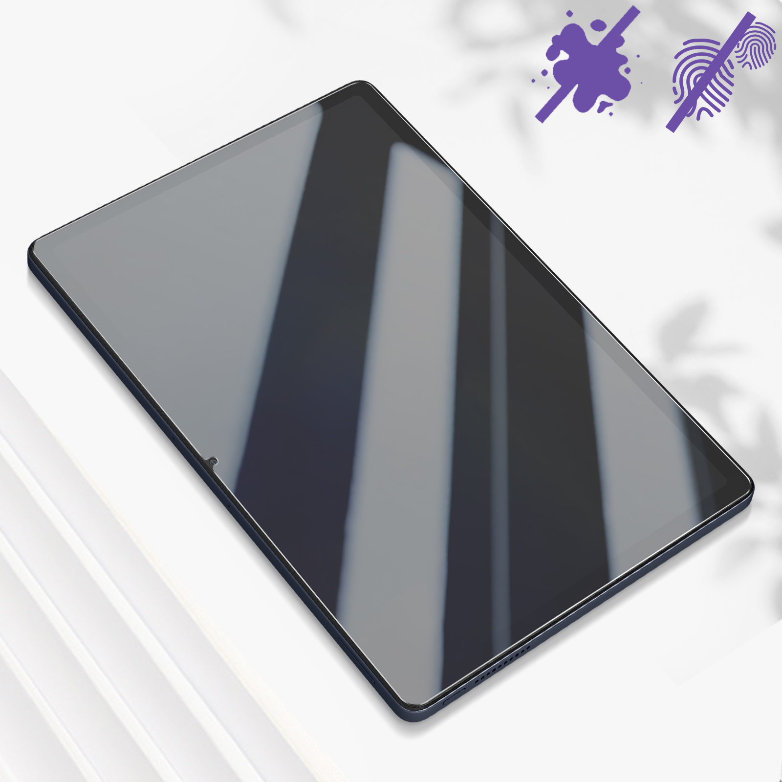 Ein Tablet mit dunklem Bildschirm. Oben befinden sich lila Spritzer- und Fingerabdrucksymbole.