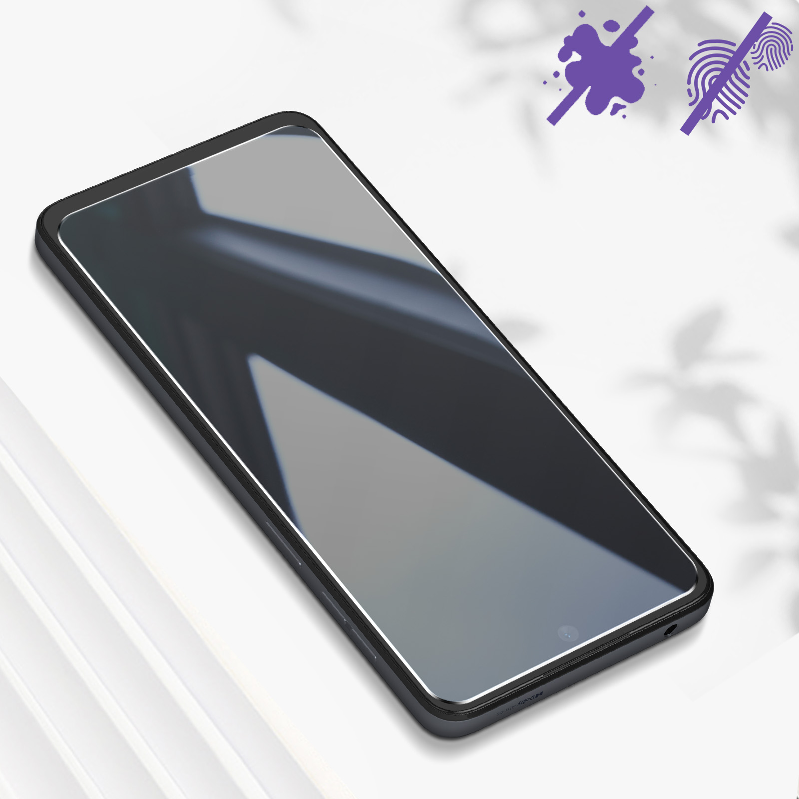 Un proteggi schermo per smartphone su un telefono, con icone di macchie e impronte digitali.