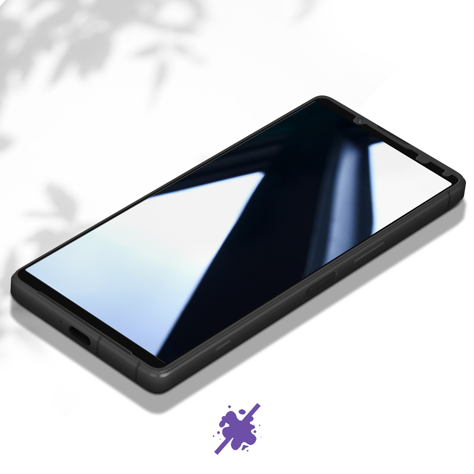 Smartphone nero. Vista angolata, mostra schermo e bordi. Ombra superiore e macchia viola in basso.