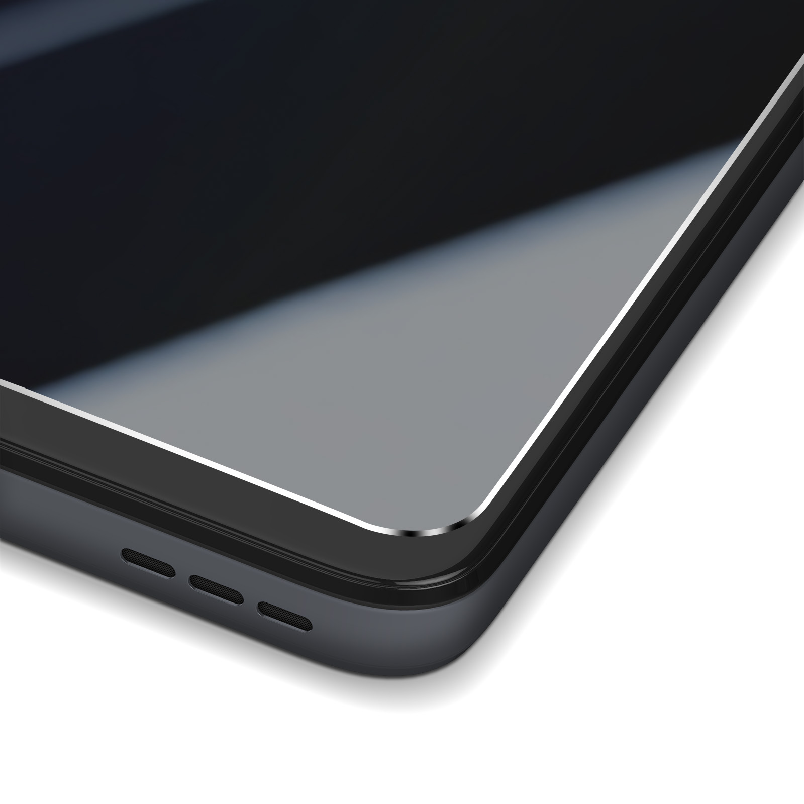 Un primo piano dell'angolo di uno smartphone nero.