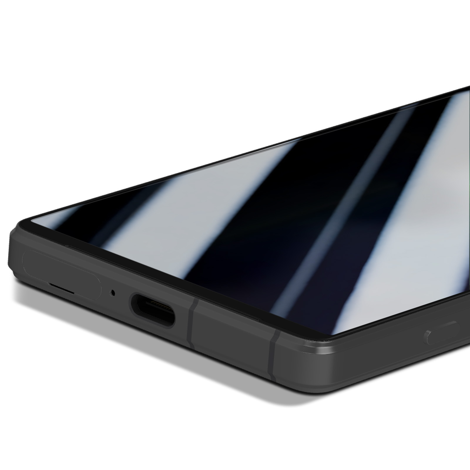 Tablet nero in una custodia con cinturino e supporto. La custodia è su una superficie bianca.
