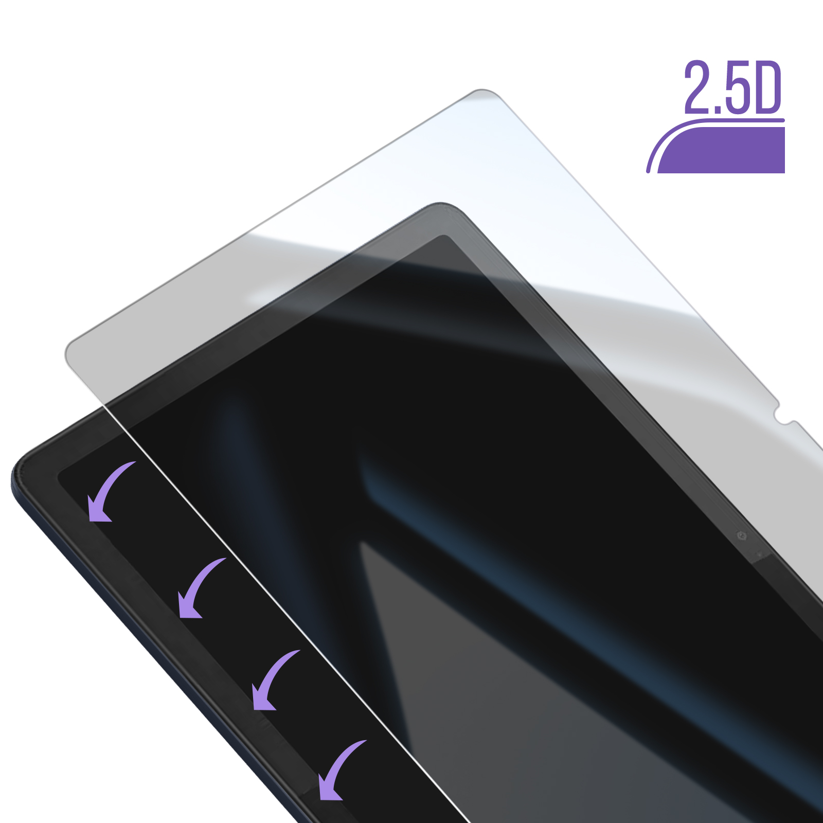 Displayschutzfolie wird auf ein Tablet aufgebracht, mit Pfeilen, die die Platzierung anzeigen.
