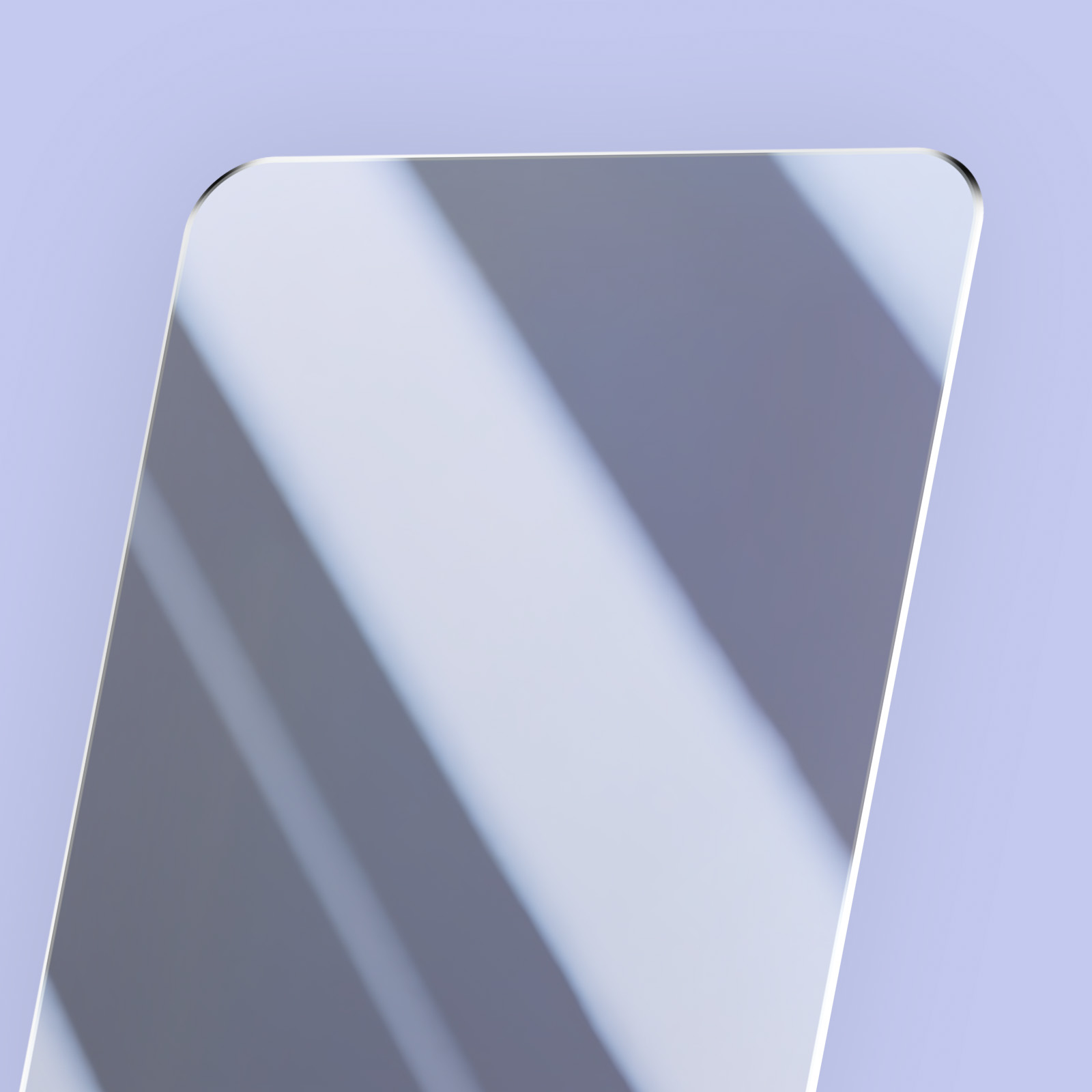 Proteggi schermo del telefono su sfondo lilla chiaro. Ombre di tende appaiono sullo schermo.