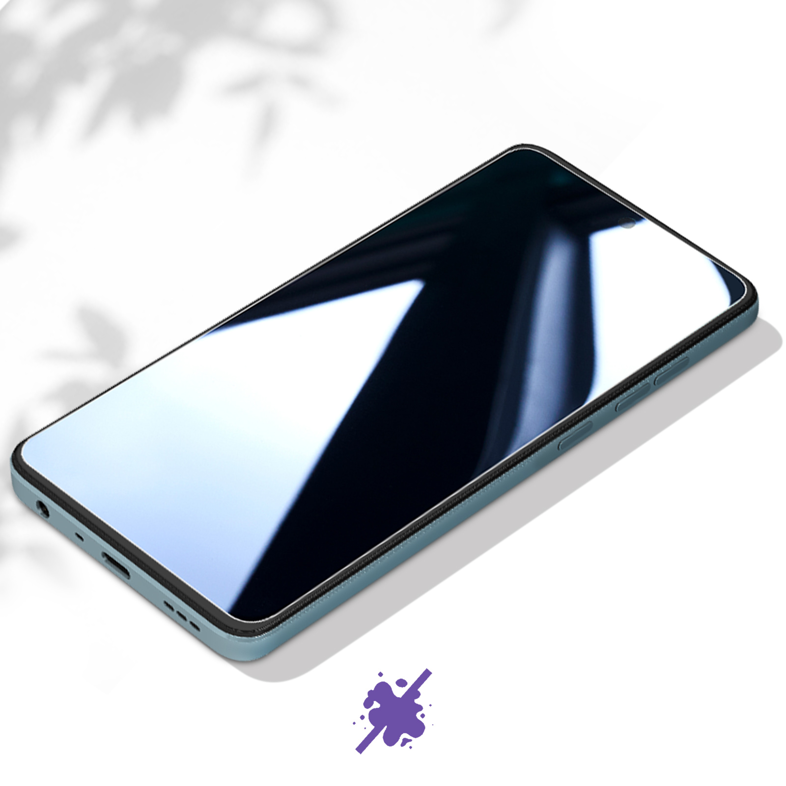 Un telefono blu con schermo scuro, angolato, con un'icona di macchia in basso.