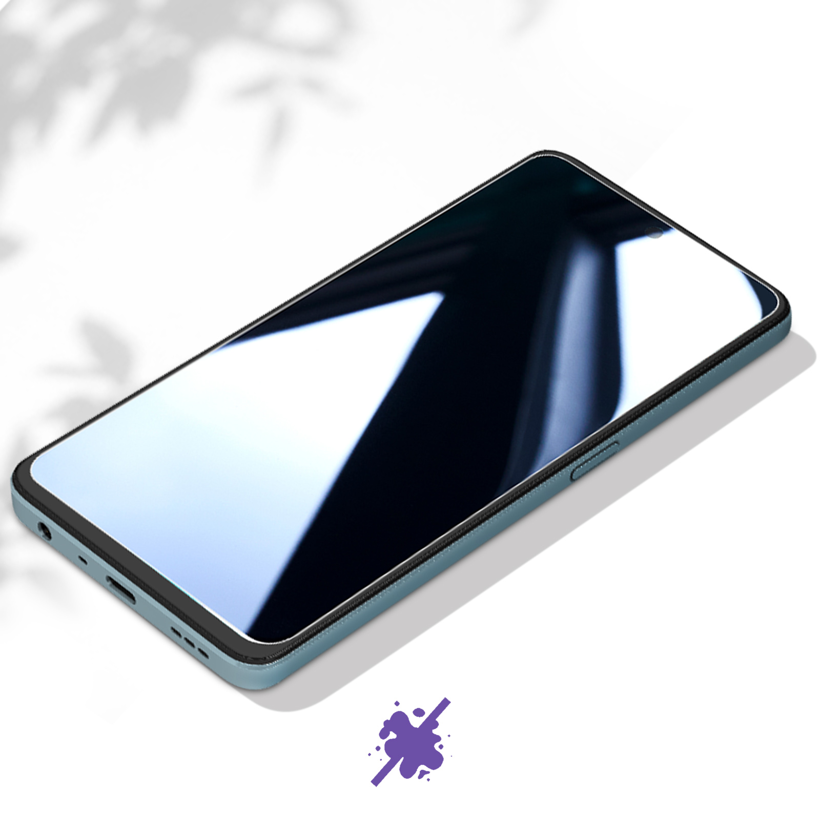 Una custodia per telefono blu con bordo nero e una macchia viola nell'angolo.