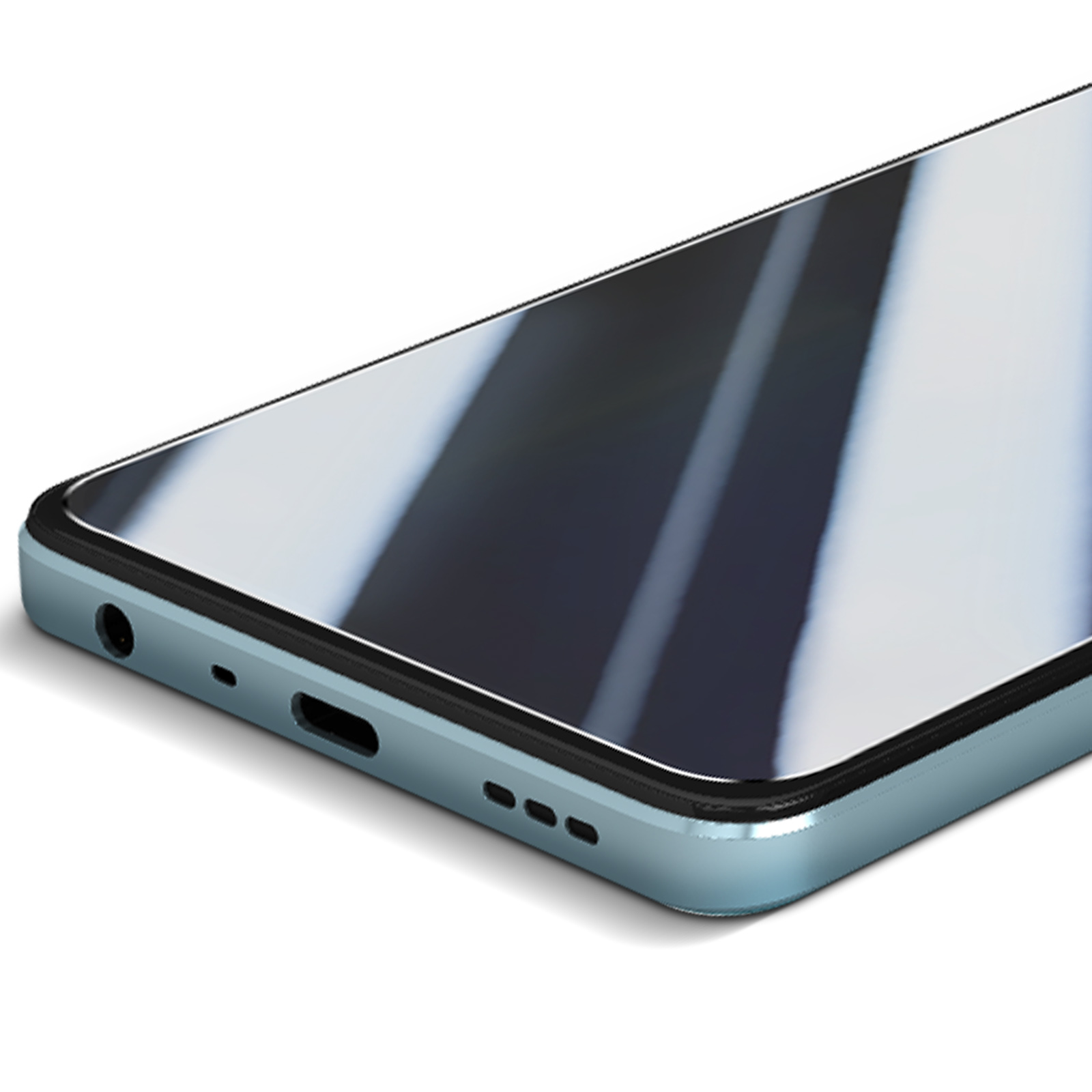 Primo piano del bordo inferiore di uno smartphone. Il telefono ha una cornice azzurra con altoparlanti e una porta di ricarica.