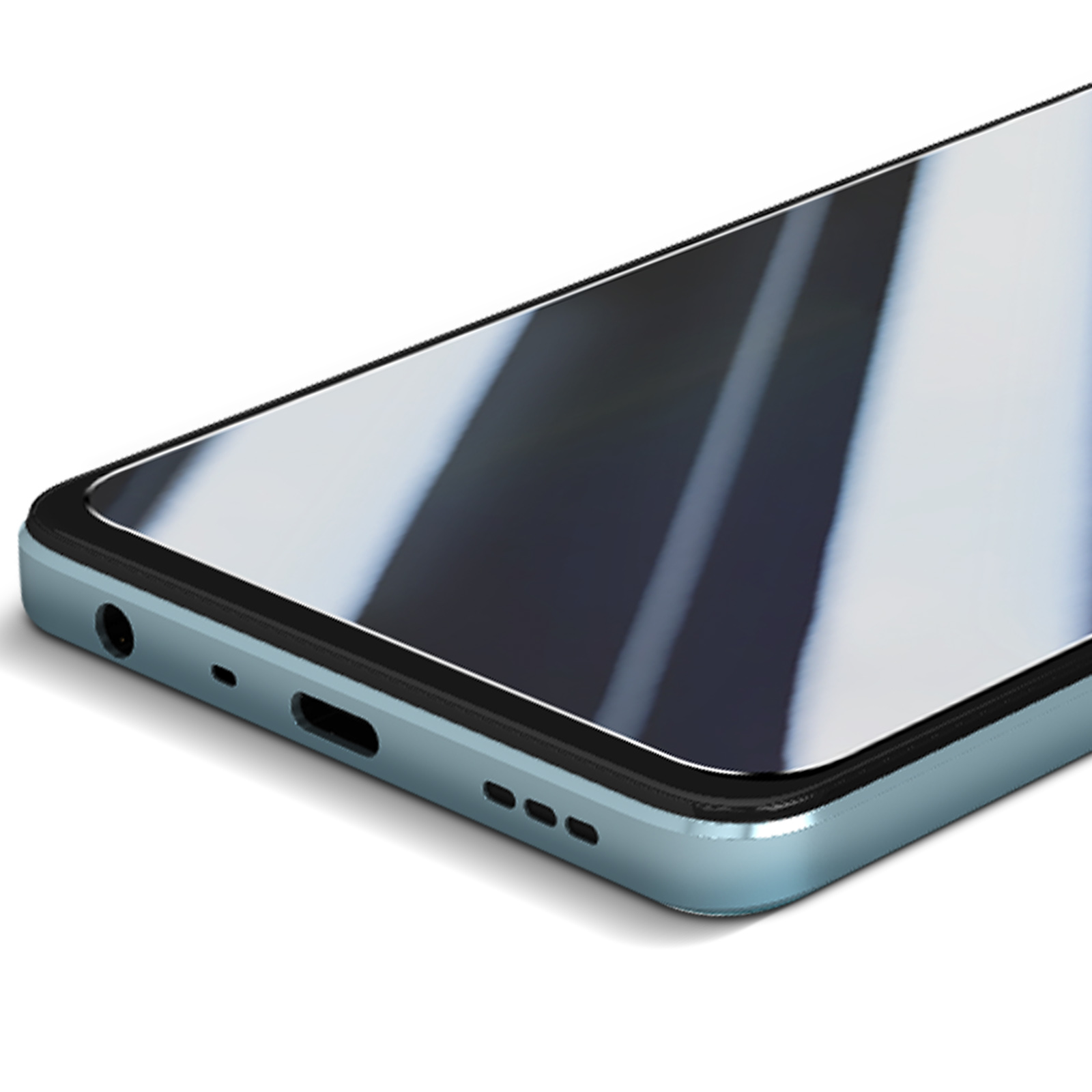 Primo piano di un telefono, con protezione schermo. Il telefono è azzurro e ha una porta di ricarica.