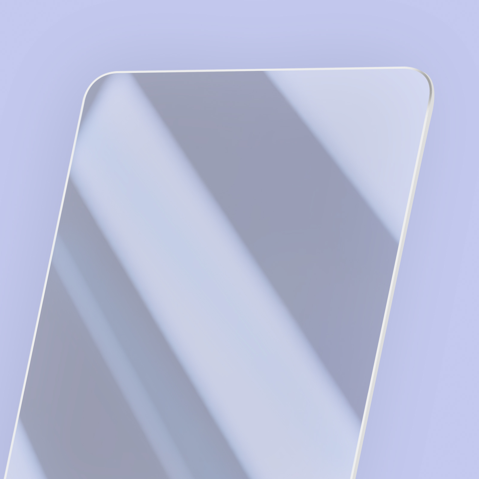 Uno schermo di telefono bianco con riflessi di luce su uno sfondo lilla chiaro.