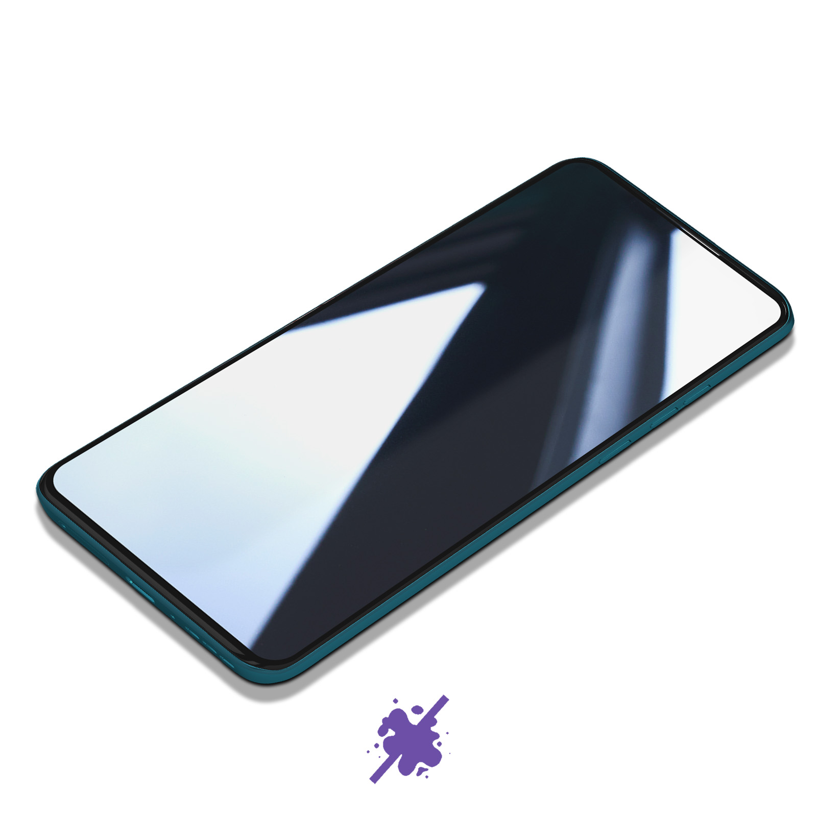 Uno schermo di smartphone con un bordo verde acqua scuro e un'icona a spruzzo su sfondo bianco.