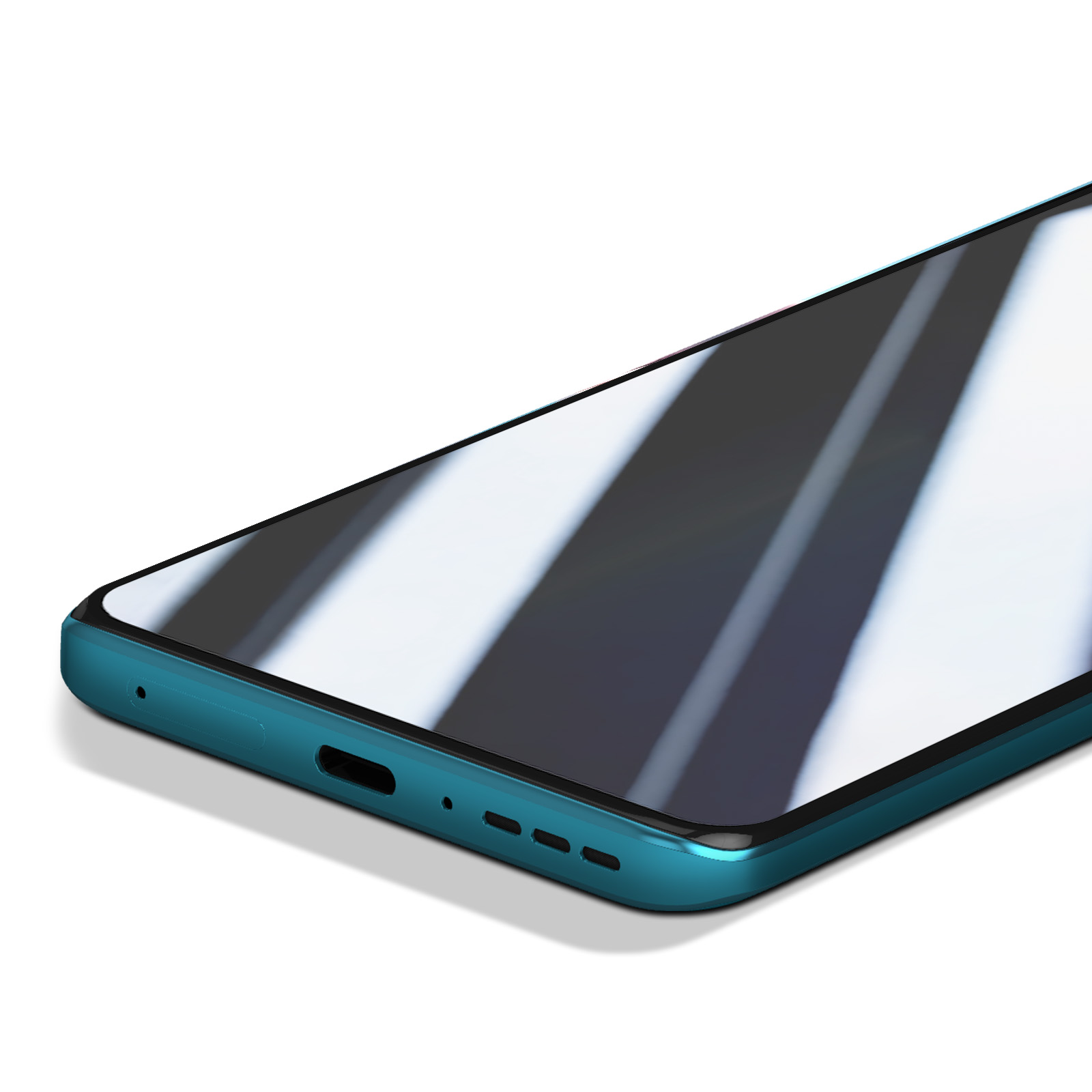 Primo piano di uno smartphone color turchese, che rivela il bordo inferiore con porte e fori per altoparlanti.