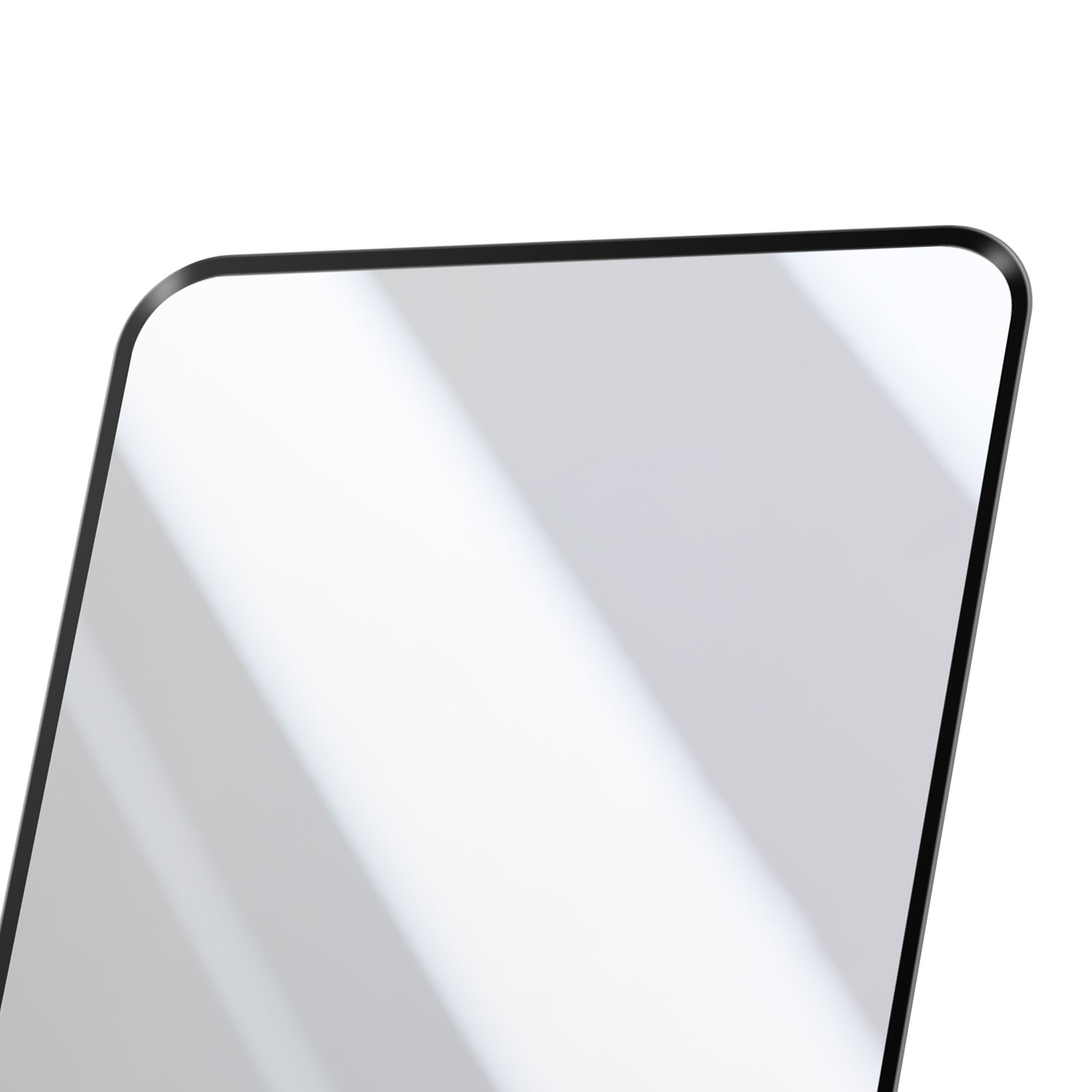 Primo piano di uno schermo di smartphone. Lo schermo è nero con un riflesso di luce e un sottile bordo nero.