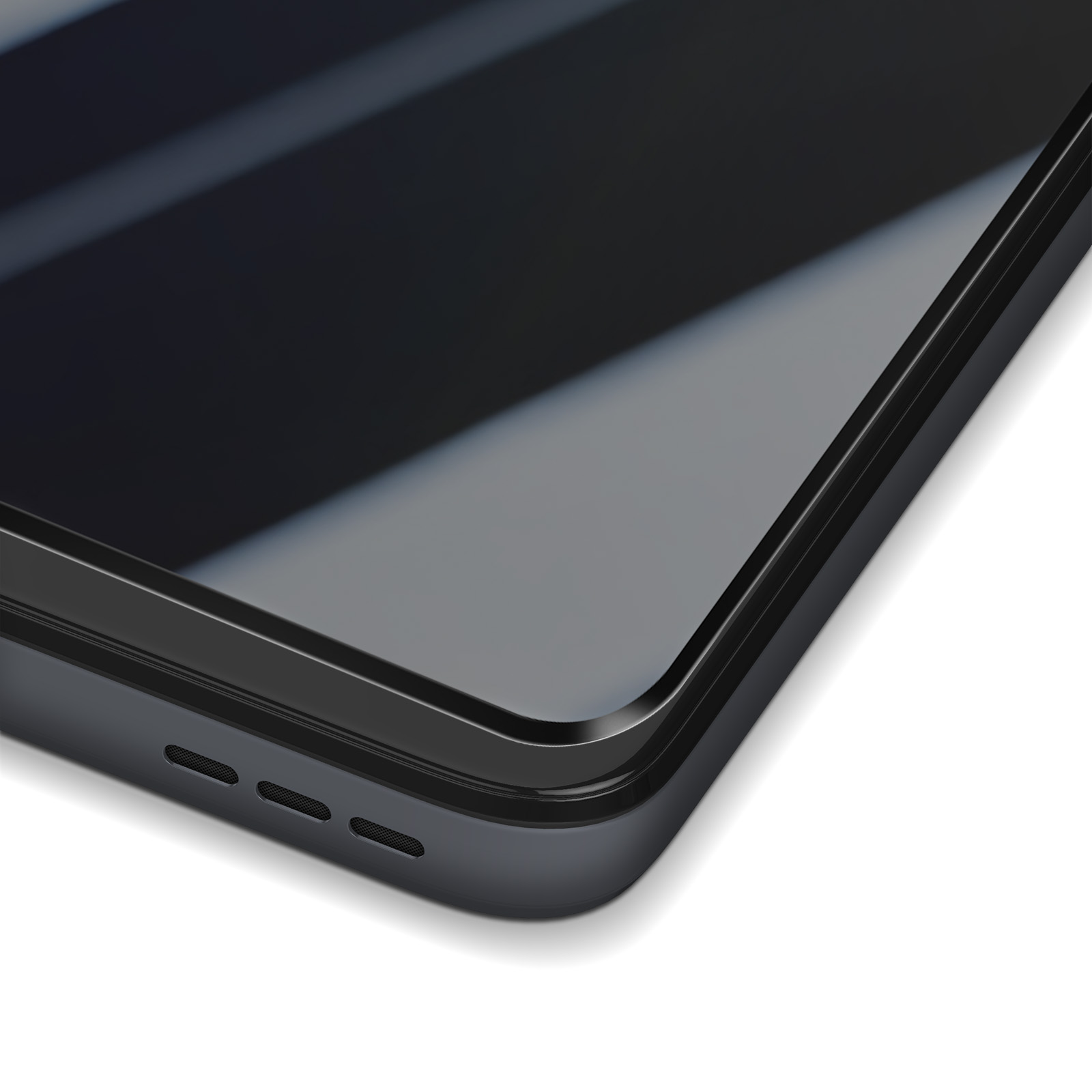 Primo piano di un telefono nero. I fori della fotocamera e dell'altoparlante sono visibili.