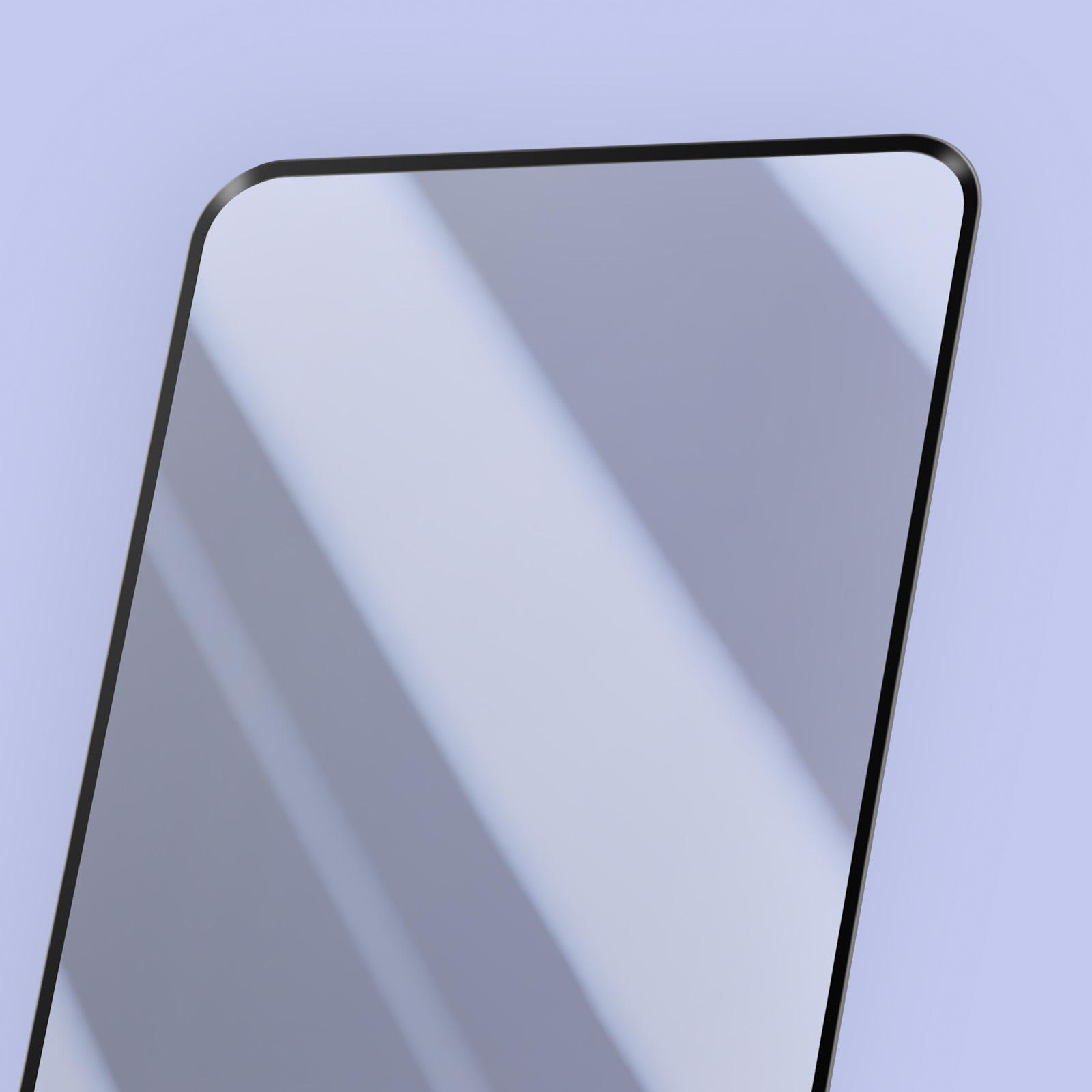 Un proteggi schermo per telefono con cornice nera e ombra su sfondo lilla chiaro.