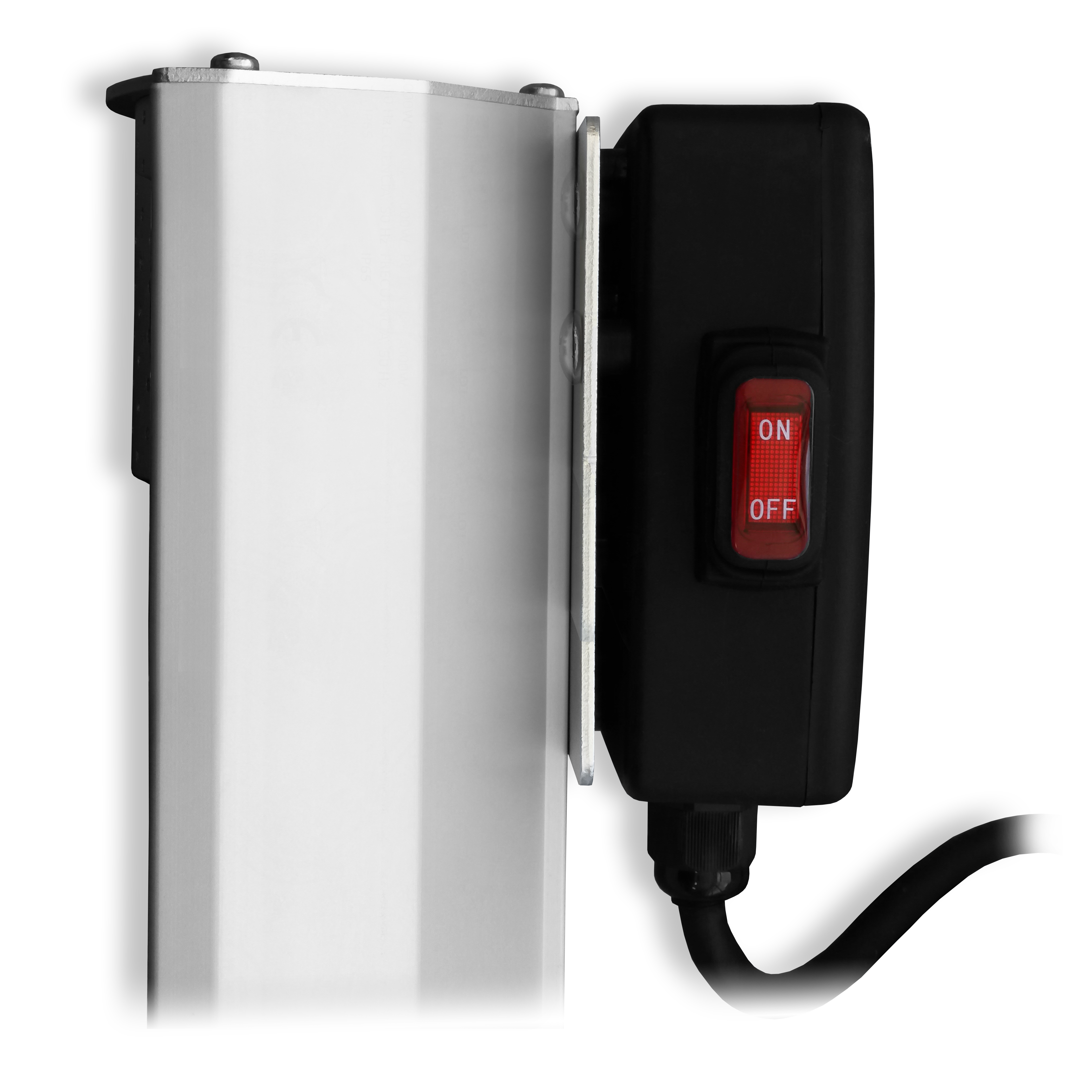 Un interruptor eléctrico negro con las palabras ON y OFF, montado en una estructura metálica blanca.