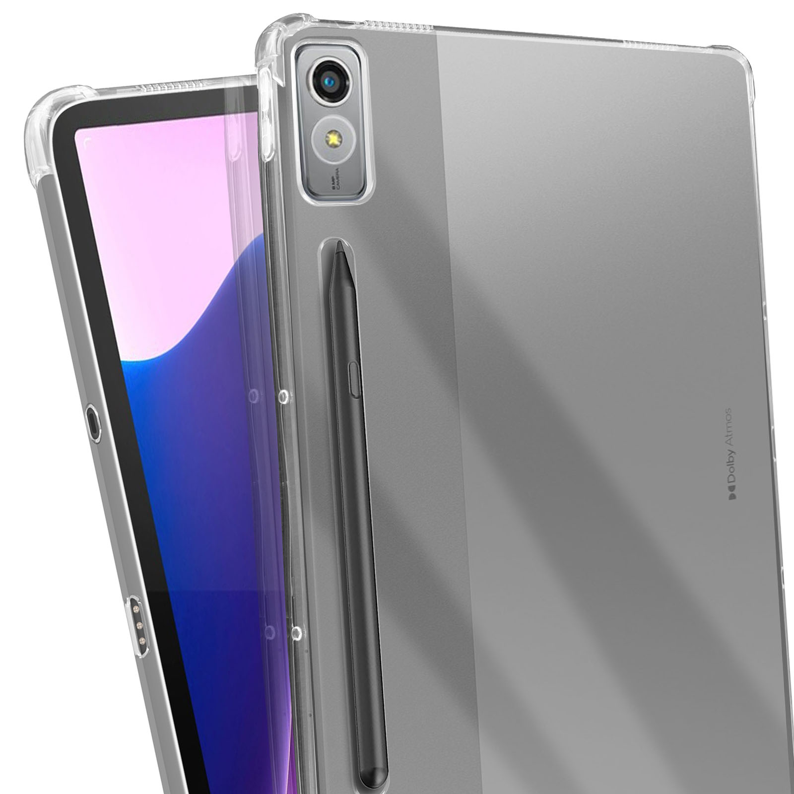 Ein Tablet in einer transparenten Hülle mit Stift, das Kamera, Anschlüsse und Atmos-Logo zeigt.