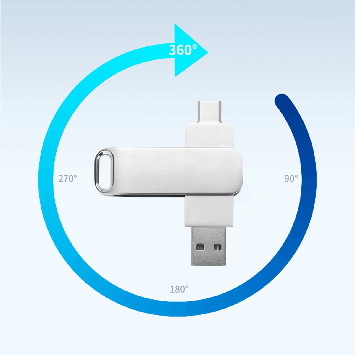 Silberner USB-Stick mit 360-Grad-Dre Pfeil. Zeigt verschiedene Anschlusstypen.