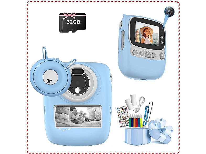 FINE LIFE PRO Kinderkamera Sofortbildkamera (30 MP 6 farbigen Pinselstiften 2 Rollen Druckpapier+Aufkleber） Digital Kamera blau-