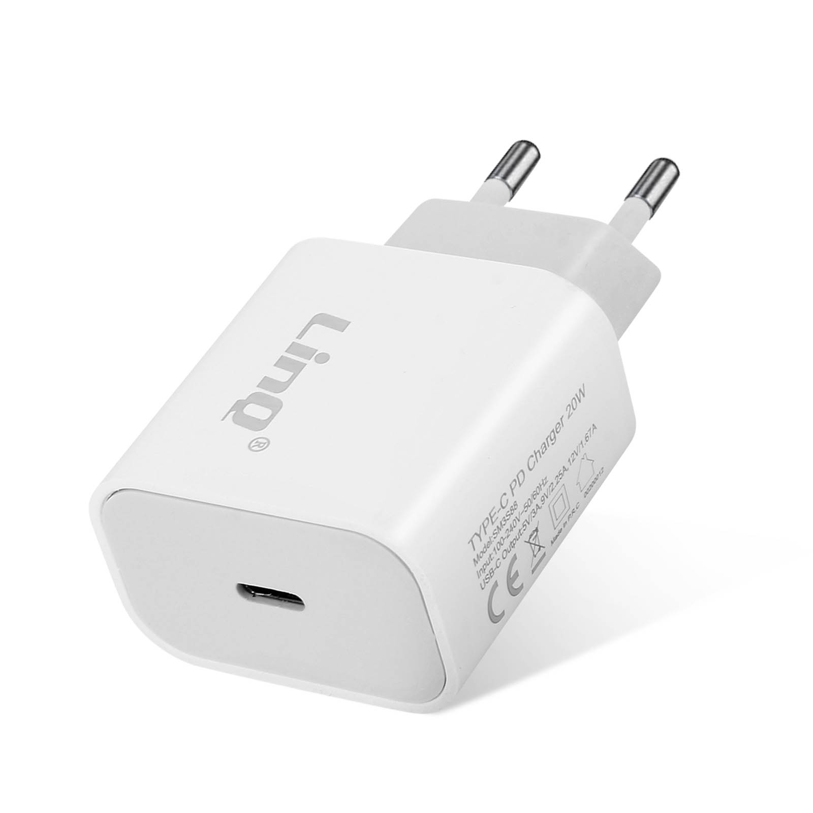 Caricatore USB-C bianco con connettori pieghevoli e un piccolo logo.