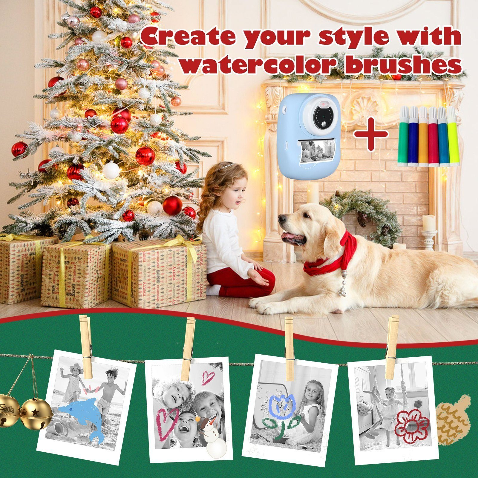 Niña y perro cerca de un árbol de Navidad con regalos, fotos y una impresora.