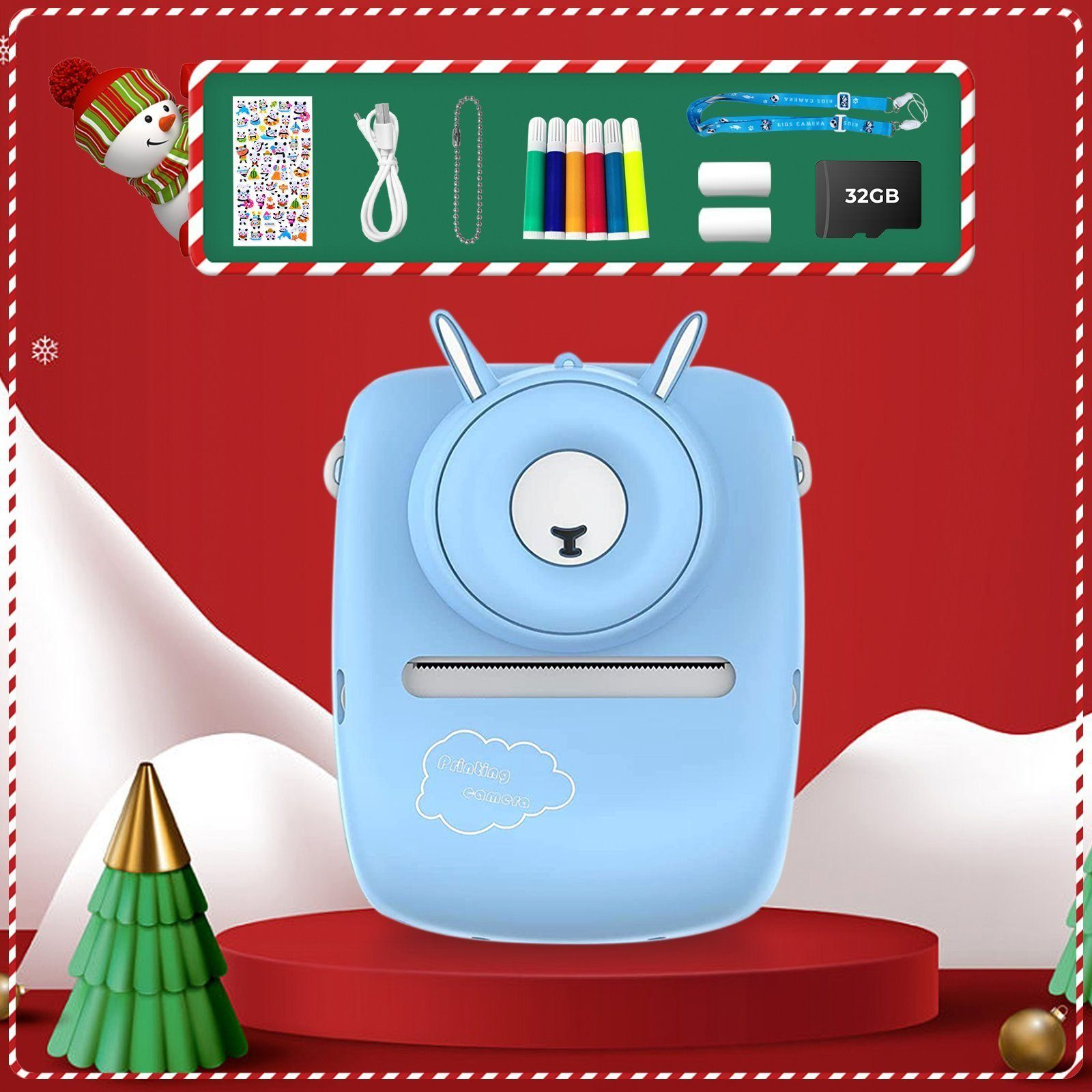Cámara instantánea azul, con accesorios y fondo temático navideño.