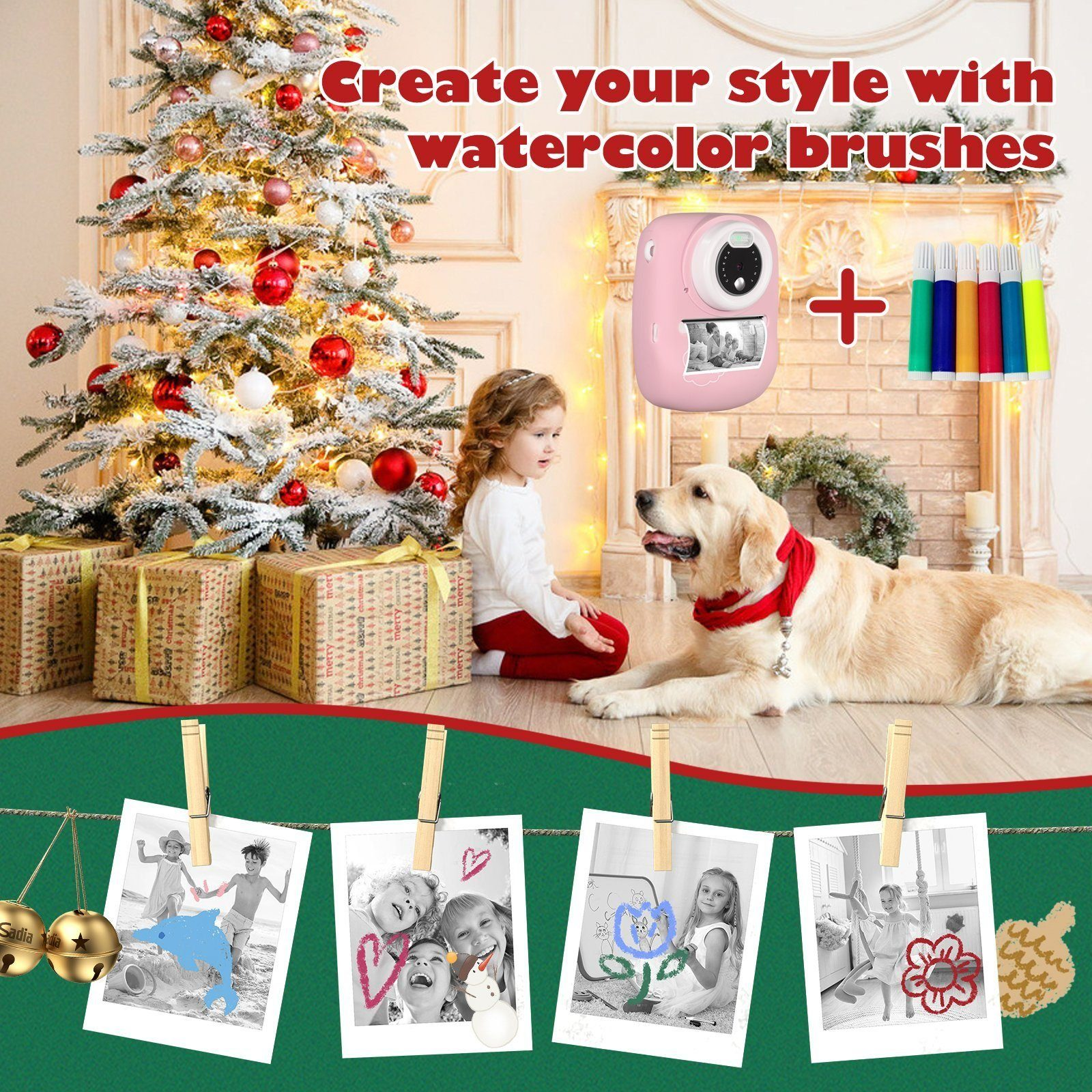 Una niña y un perro están junto a un árbol de Navidad. Fotos colgadas. Cámara rosa y pinceles de acuarela mostrados.