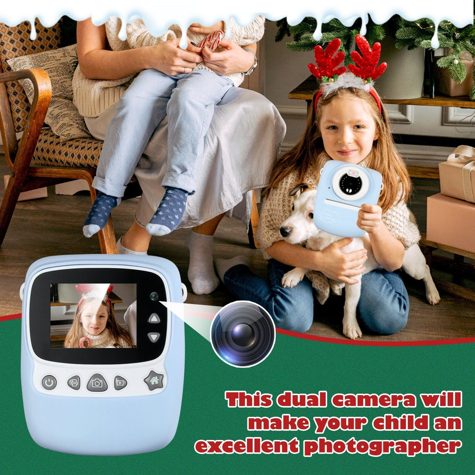 Druckpapier+Aufkleber） Digital LIFE Kinderkamera Kamera PRO Pinselstiften 2 Sofortbildkamera farbigen MP FINE 6 blau- Rollen (30