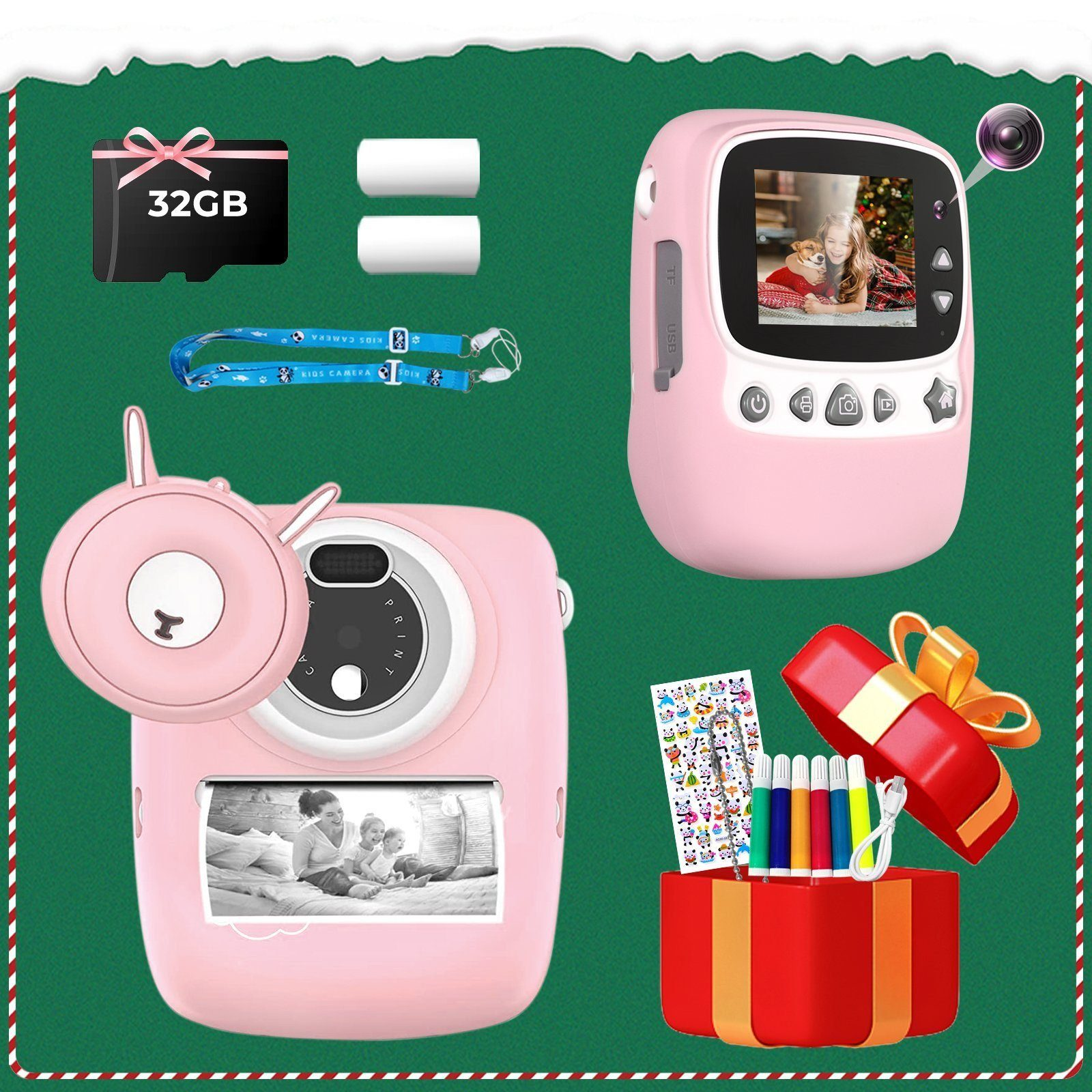 FINE 30MP Kinderkamera LIFE SD-Karte 1080P HD Rosa 32GB PRO ,