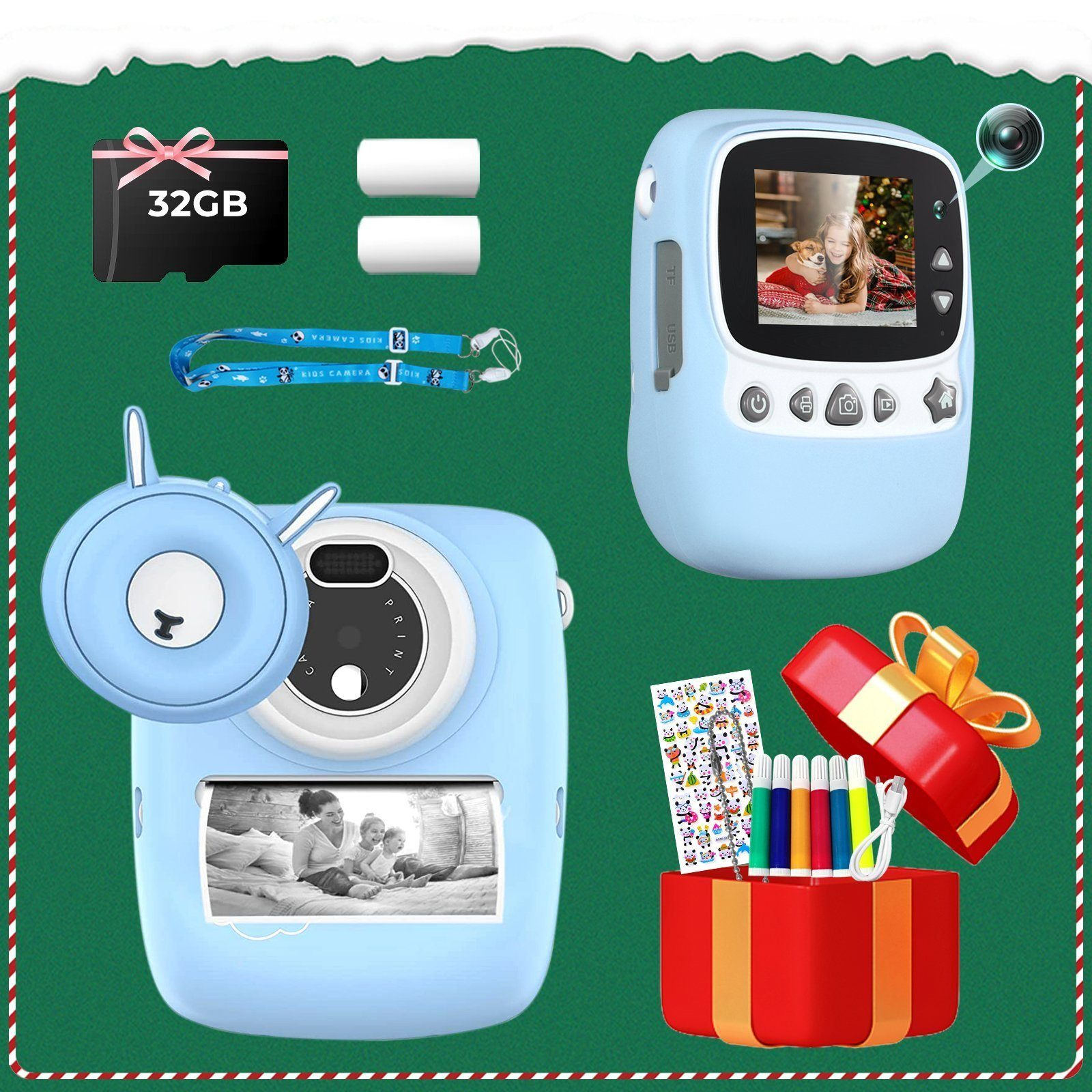 Un kit de cámara azul con una tarjeta SD de 32 GB, baterías, una cinta, una caja de regalo y marcadores sobre un fondo verde.