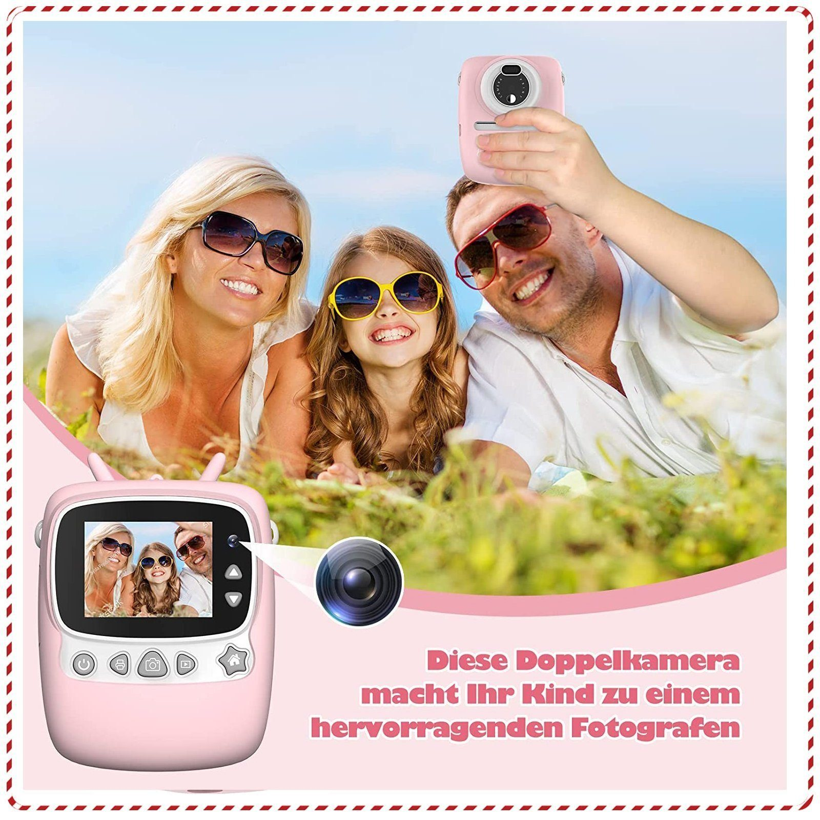 Familia tomándose un selfie con una cámara rosa. El texto dice: Esta cámara dual convierte a tu hijo en fotógrafo.