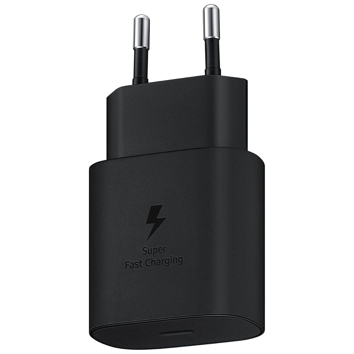 Ein schwarzer Samsung Super-Schnellladeadapter mit zwei Stiften und einem Blitzsymbol.