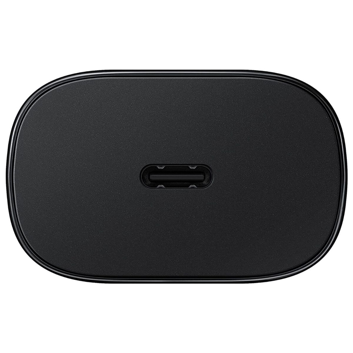 Schwarzes USB-C-Ladegerät. Das Ladegerät hat eine ovale Form mit einem USB-C-Anschluss.
