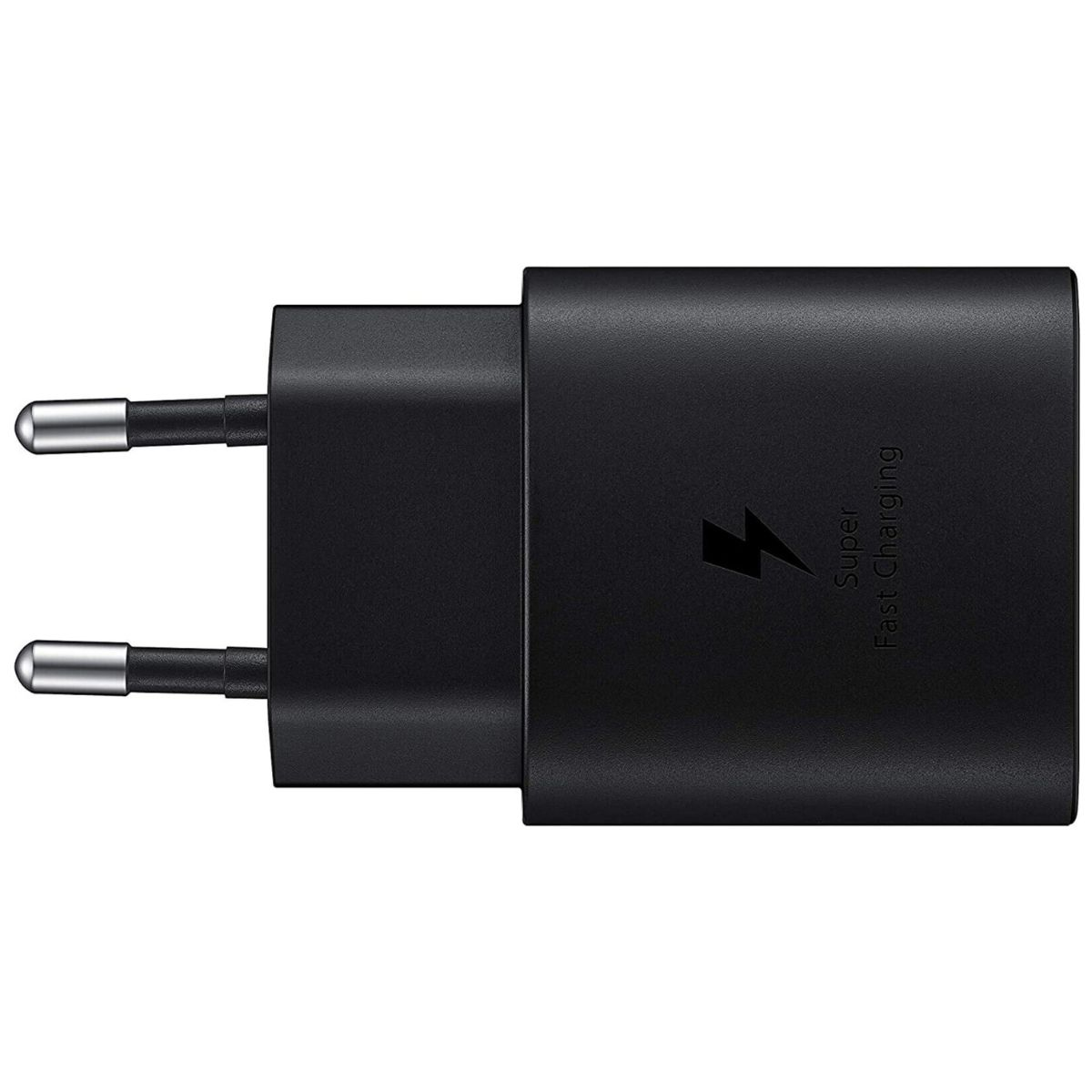 Schwarzes Samsung-Ladegerät mit Stiften. Text auf Ladegerät sagt 'Super Fast Charging'.