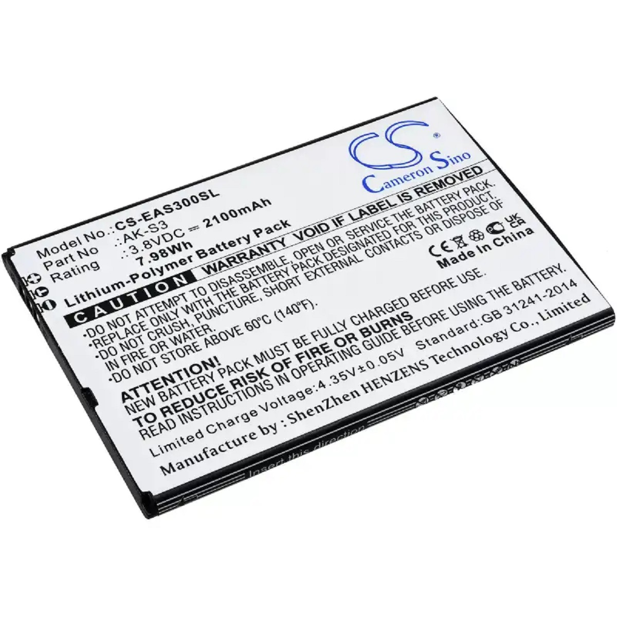 Rechteckige Batterie mit Warnhinweisen und Text, weiß und schwarz mit Vorsichtsdetails.