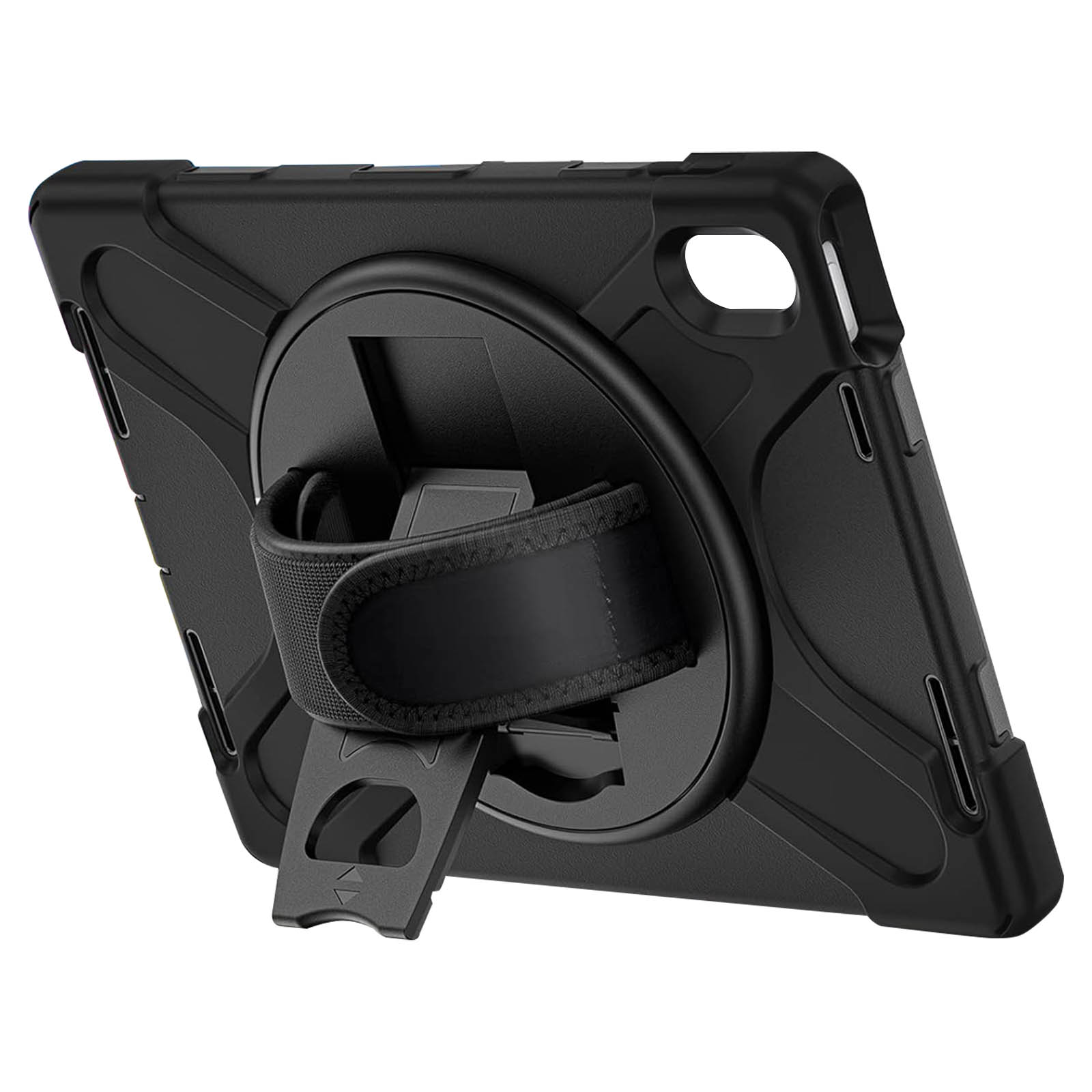 Schwarze Tablethülle mit Riemen und Ständer. Die Hülle ist strukturiert.